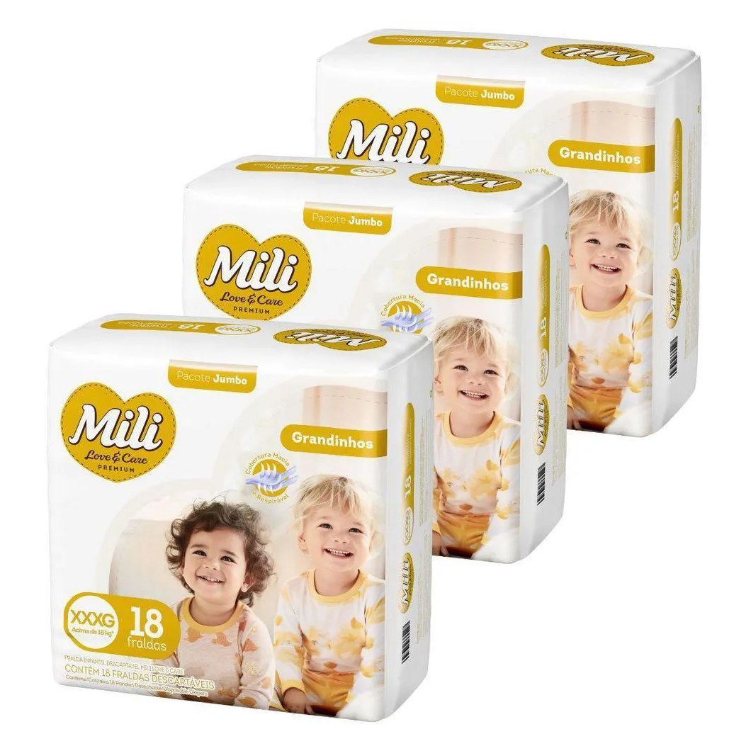 Fralda Descartável Mili Love & Care 3 Pacotes com 18 (Total: 54 Fraldas) Xxxg - Grandinho
