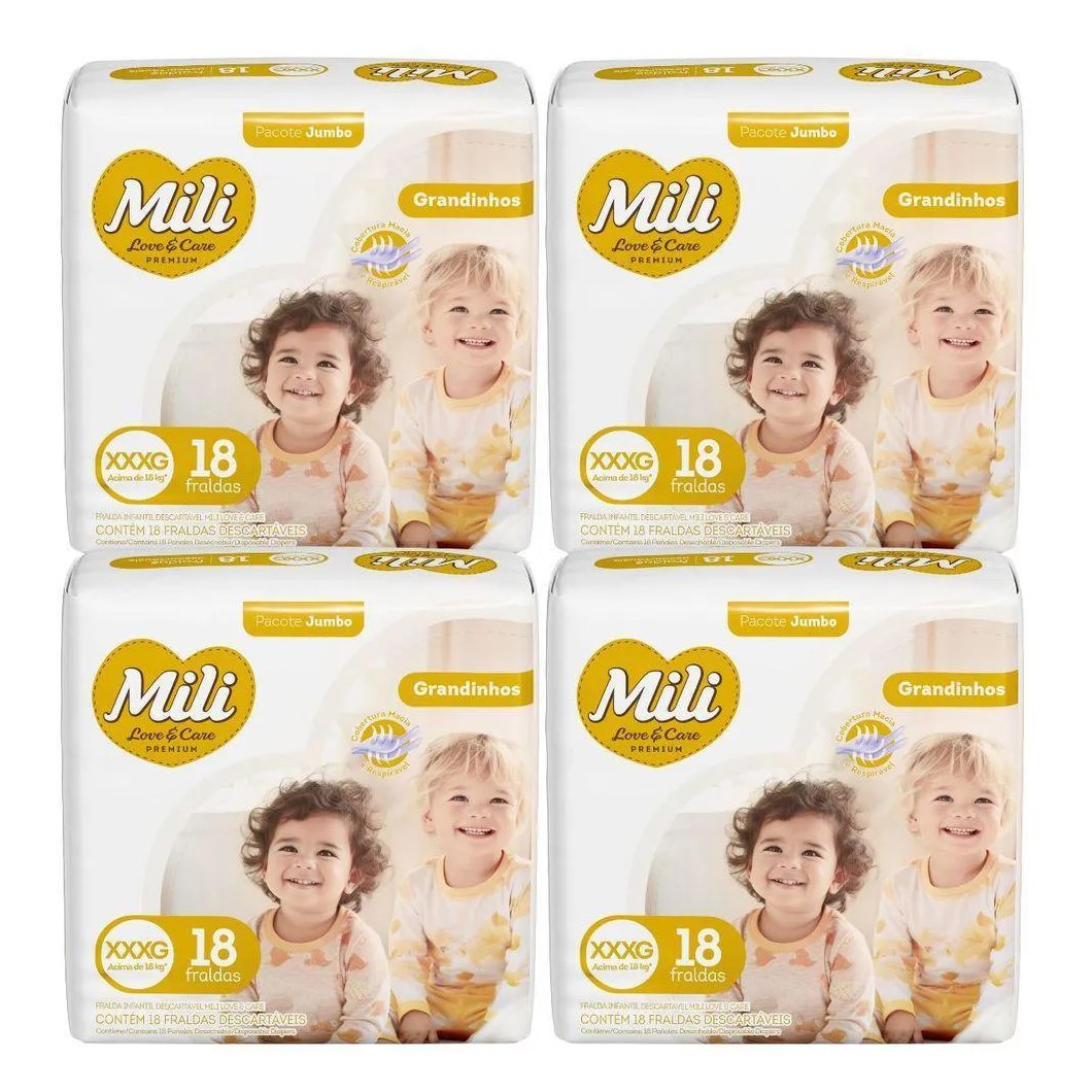 Fralda Descartável Mili Love & Care 4 Pacotes com 18 (Total: 72 Fraldas) Xxxg - Grandinho