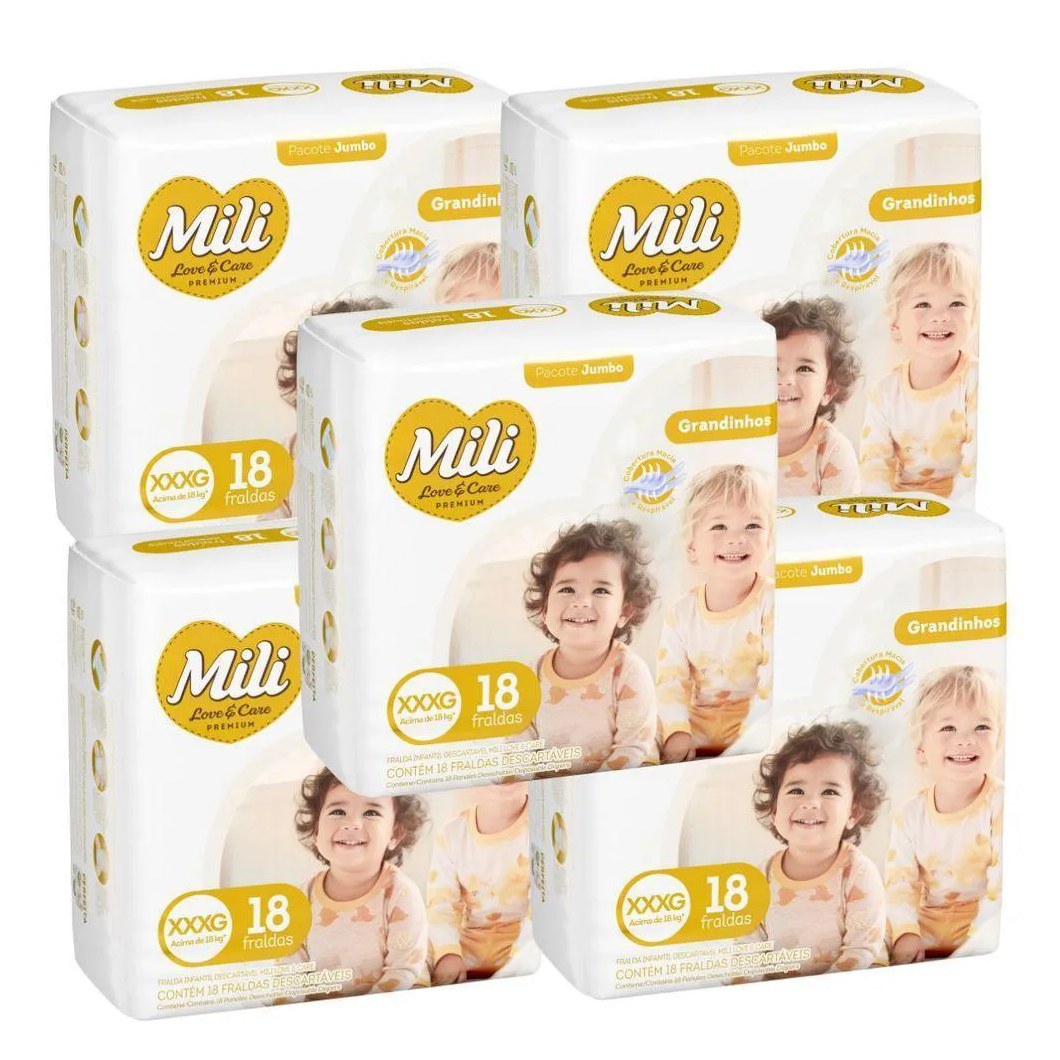 Fralda Descartável Mili Love & Care 5 Pacotes com 18 (Total: 90 Fraldas) Xxxg - Grandinho