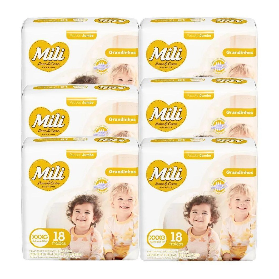 Fralda Descartável Mili Love & Care 6 Pacotes com 18 (Total: 108 Fraldas) Xxxg- Grandinho