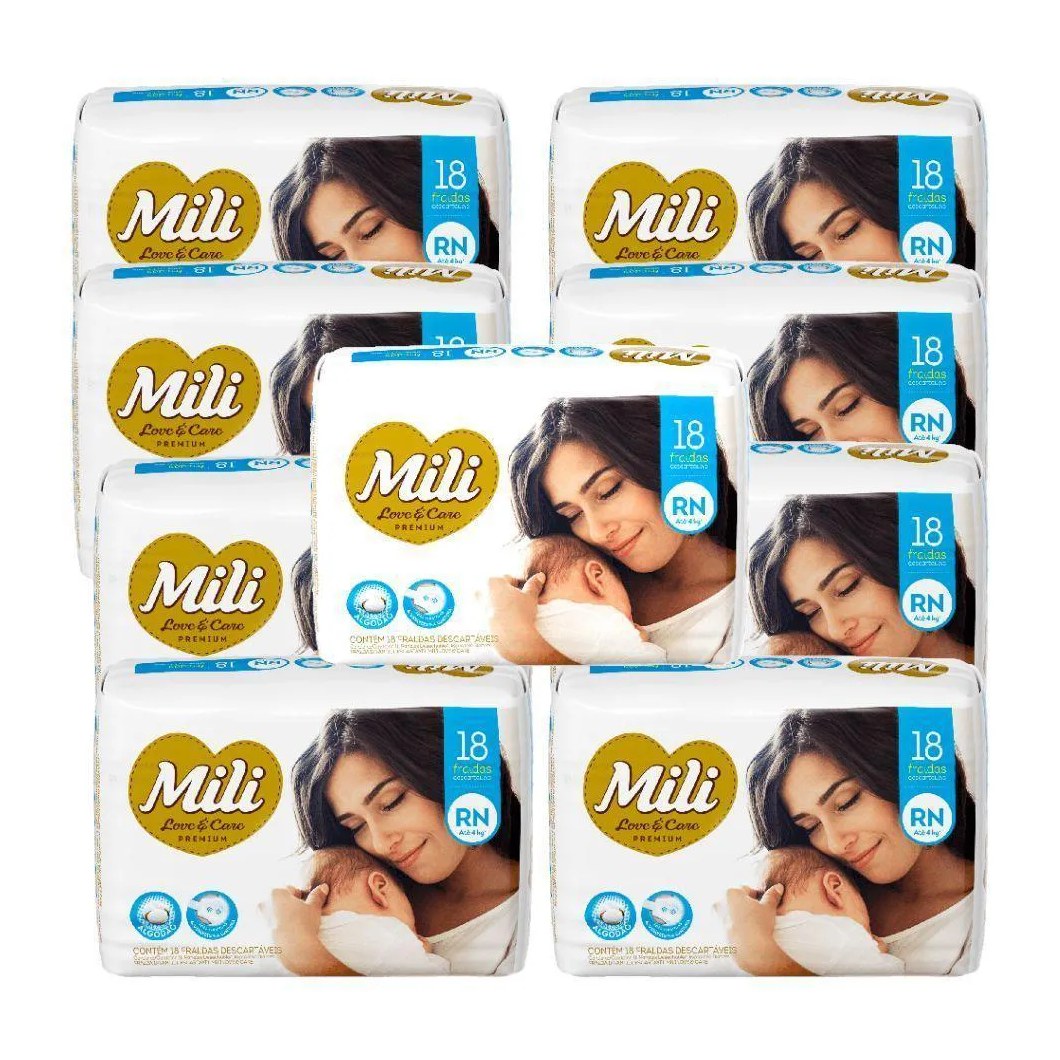 Fralda Descartável Mili Love & Care Rn 9 Pacotes C- 18 Fraldas (Total: 162 Fraldas) Premium