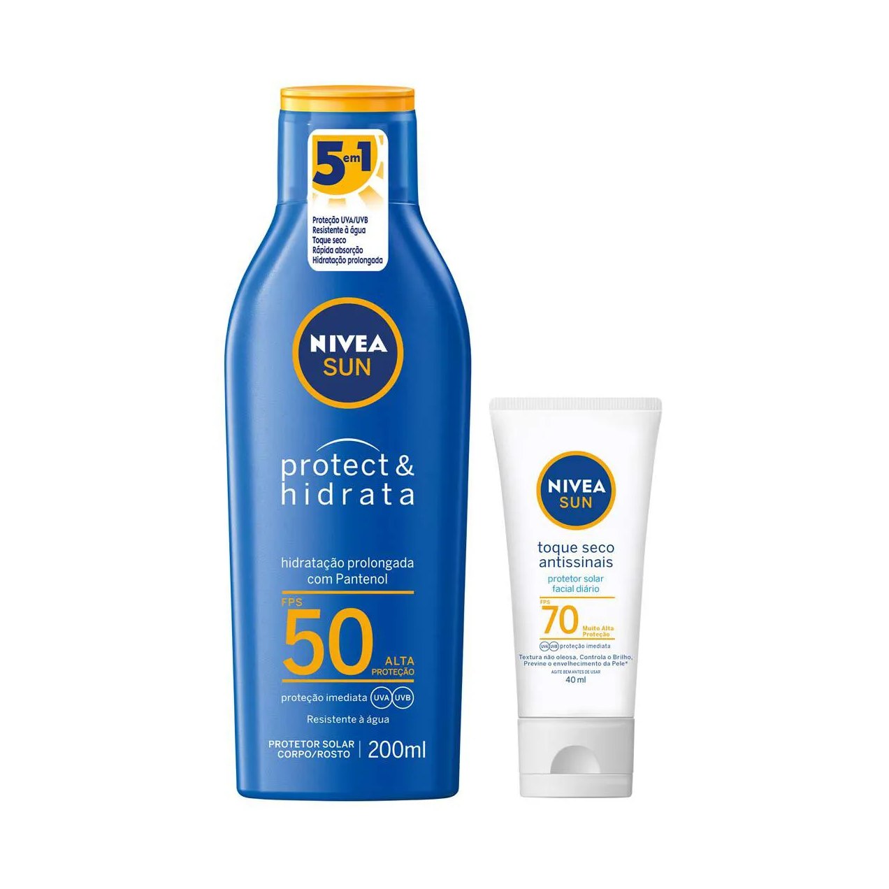 Kit Nivea Sun Rotina de Autocuidado Completa Protetor Solar Protect & Hidrata FPS50 200ml + Protetor Solar Facial Toqu Seco Antissinais FPS70 40ml