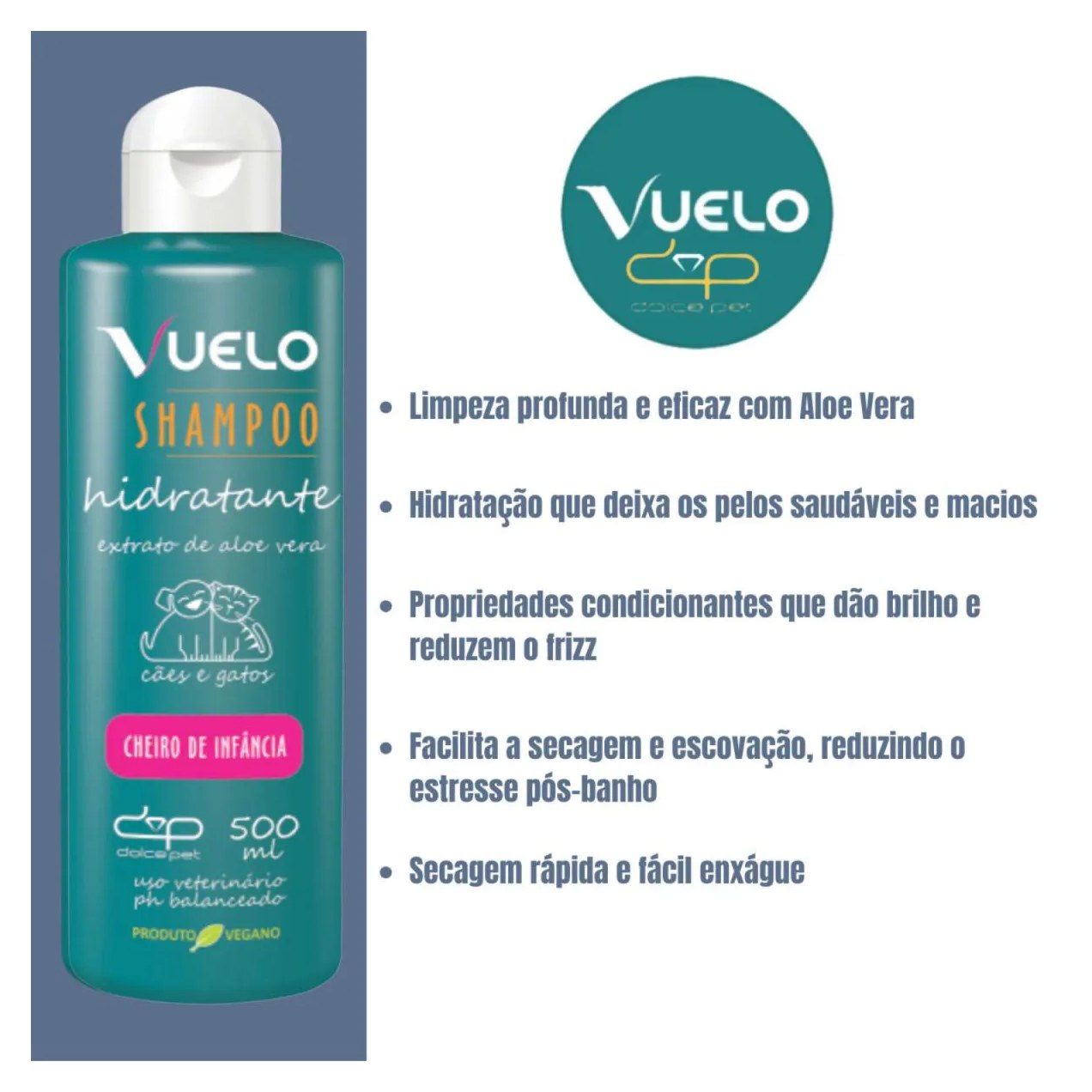 Kit Vuelo Shampoo Hidratante + Fluido Desembaraçador Cheiro de Infância Cães e Gatos