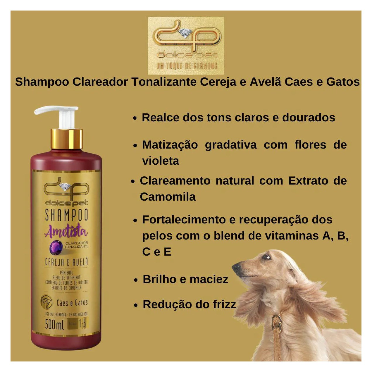 Kit Dolce Pet Shampoo Clareador Tonalizante + Condicionador Topázio Cereja e Avelã para Cães e Gatos 500Ml