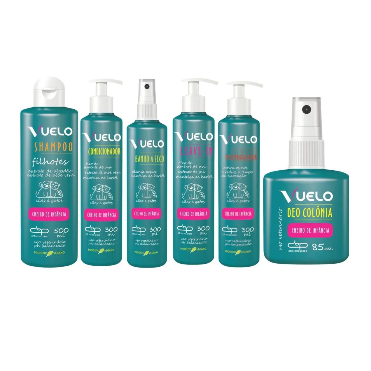 Kit Dolce Pet Shampoo Filhotes + Condicionador + Banho Á Seco + Leave-In + Fluido + Colônia Cheiro de Infância