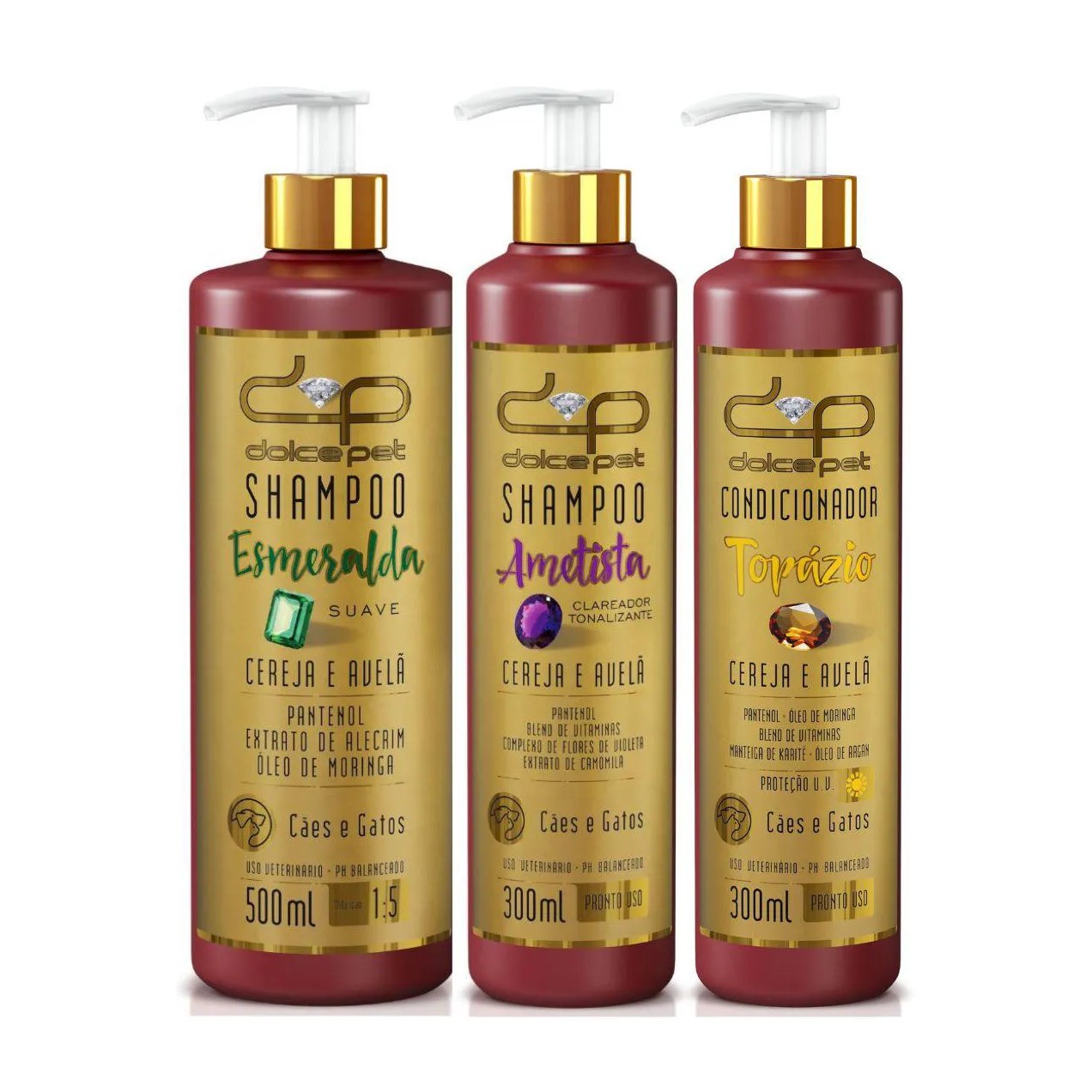 Kit Dolce Pet Shampoo Suave + Shampoo Clareador Tonalizante + Condicionador Topázio Cereja e Avelã para Cães e Gatos