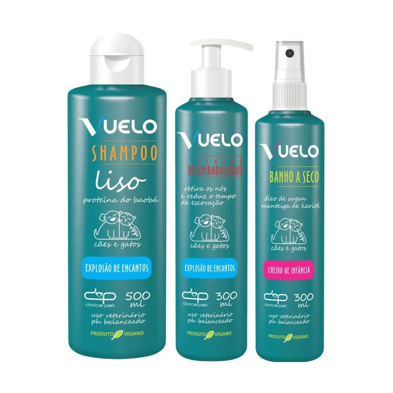 Kit Vuelo Shampoo Liso + Fluído Desembaraçador + Banho a Seco – Cuidados Completos para o Seu Pet