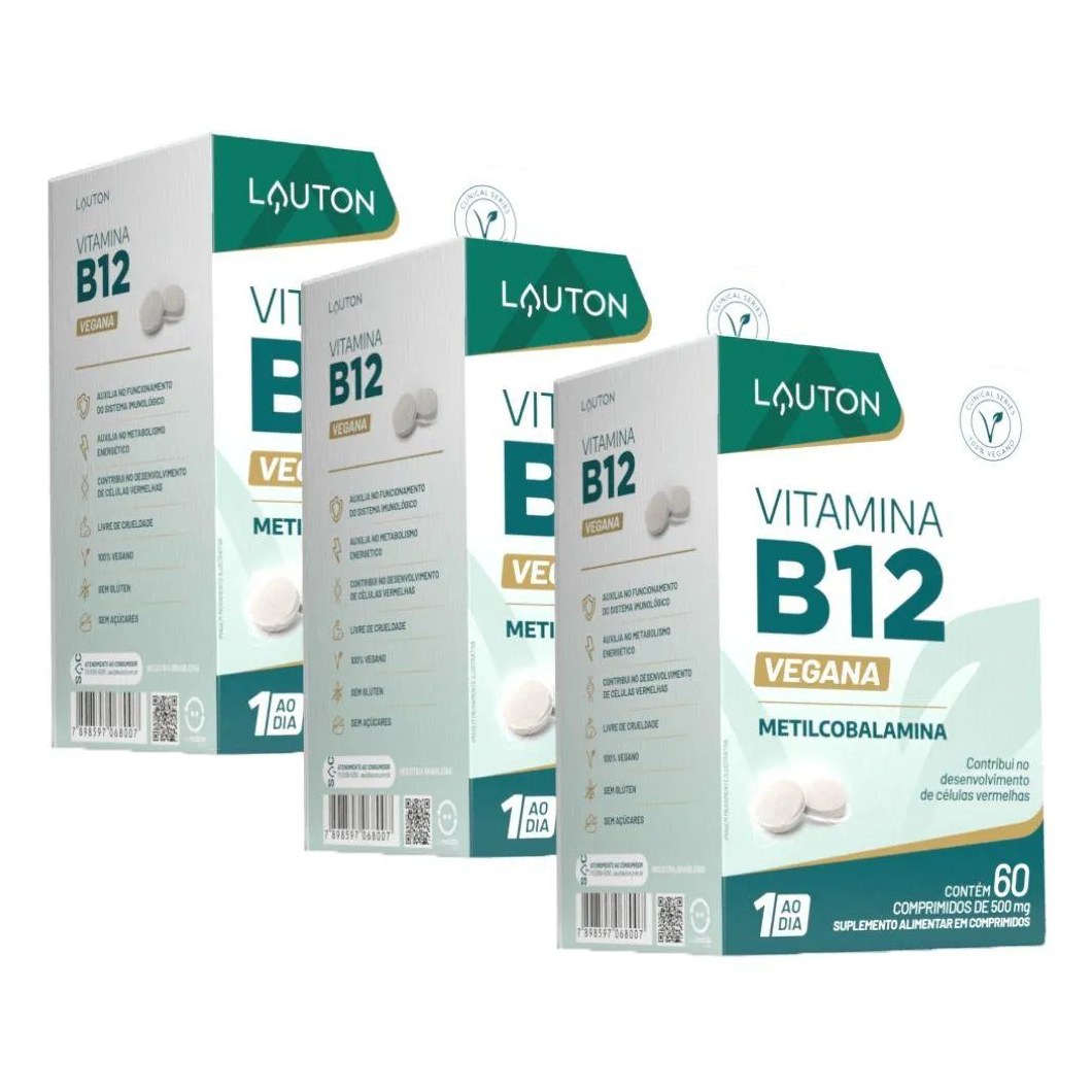 Kit 3X Vitamina B12 (Metilcobalamina) Vegana 60 Comprimidos - Lauton