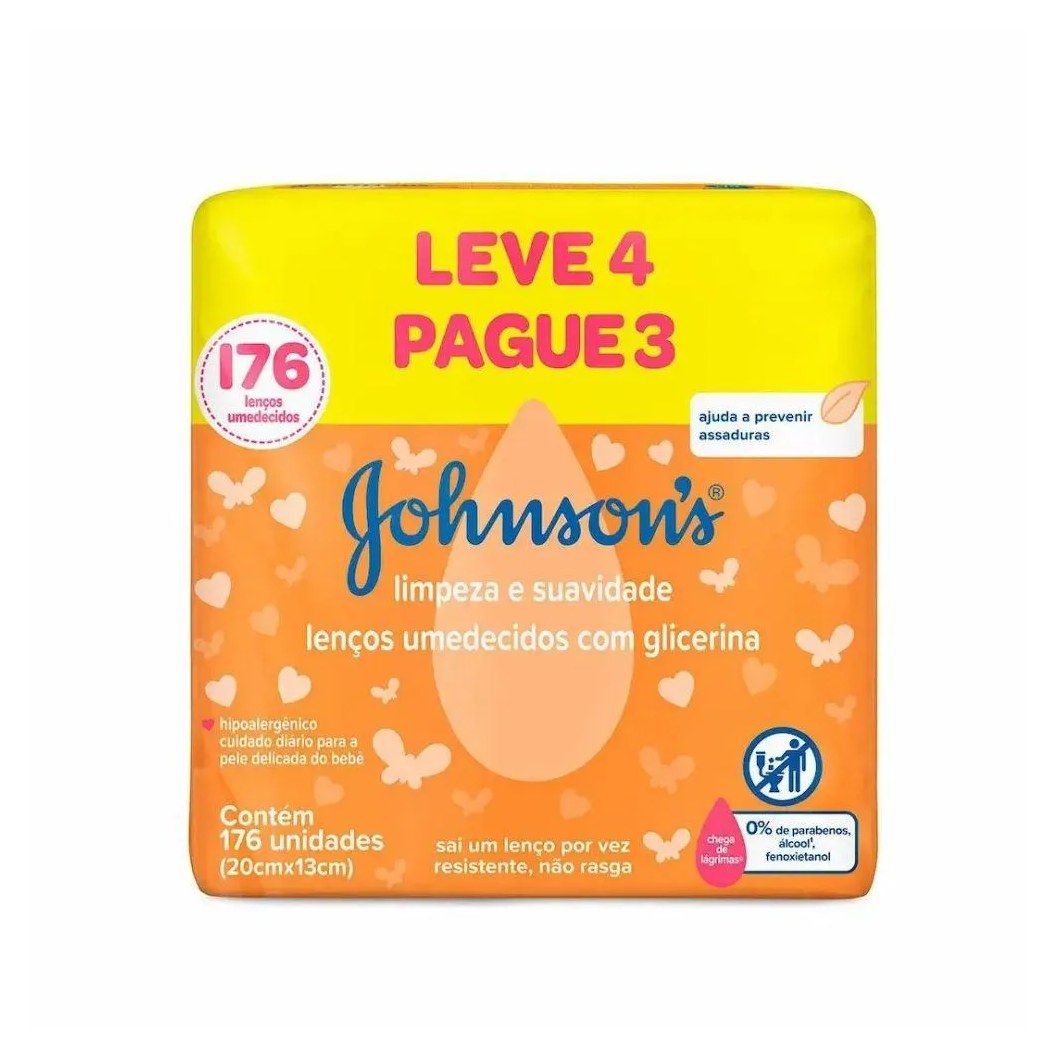 Kit Lenços Umedecidos Johnson's Limpeza e Suavidade 4 Pacotes de 44 Unidades Cada
