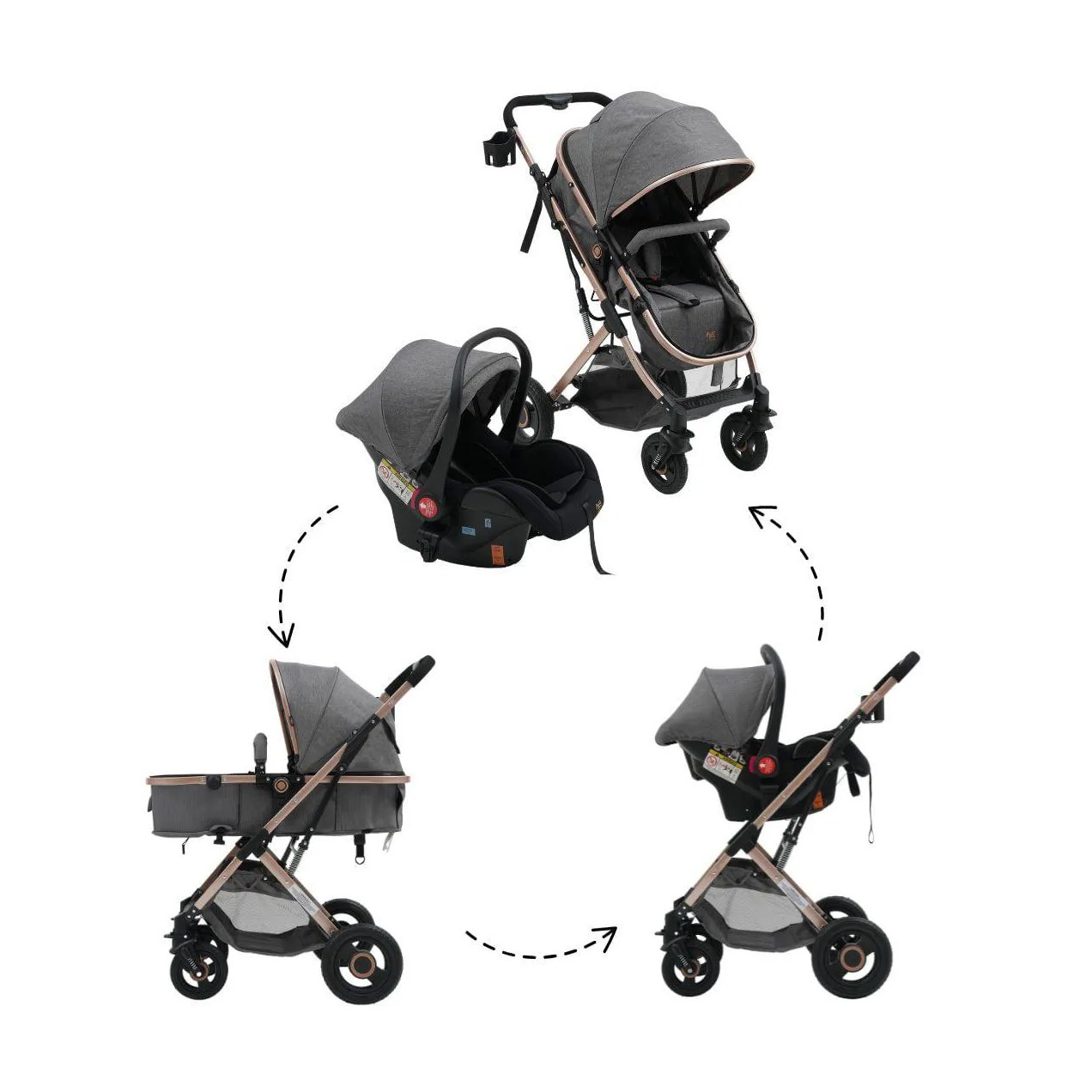 Carrinho com Bebê Conforto Reversível Elysian Maxi Baby Cinza