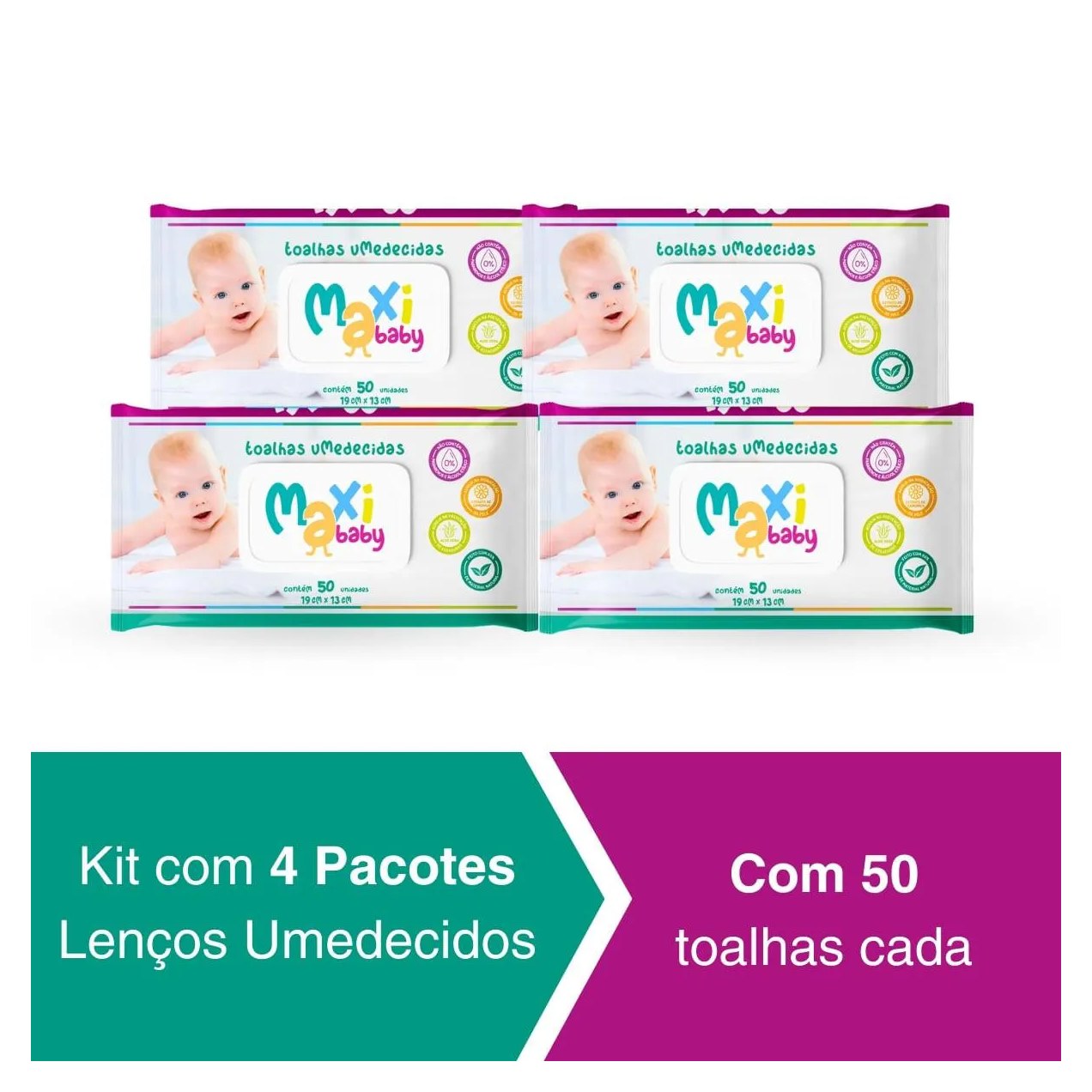 Kit 4 Toalhas Umedecidas Hipoalergênico 50Un Cada Maxi Baby