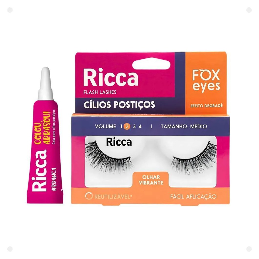 Cílios Postiços + Cola Branca Ricca Belliz Fox Eyes Olhar Vibrante Vol:2 Medio