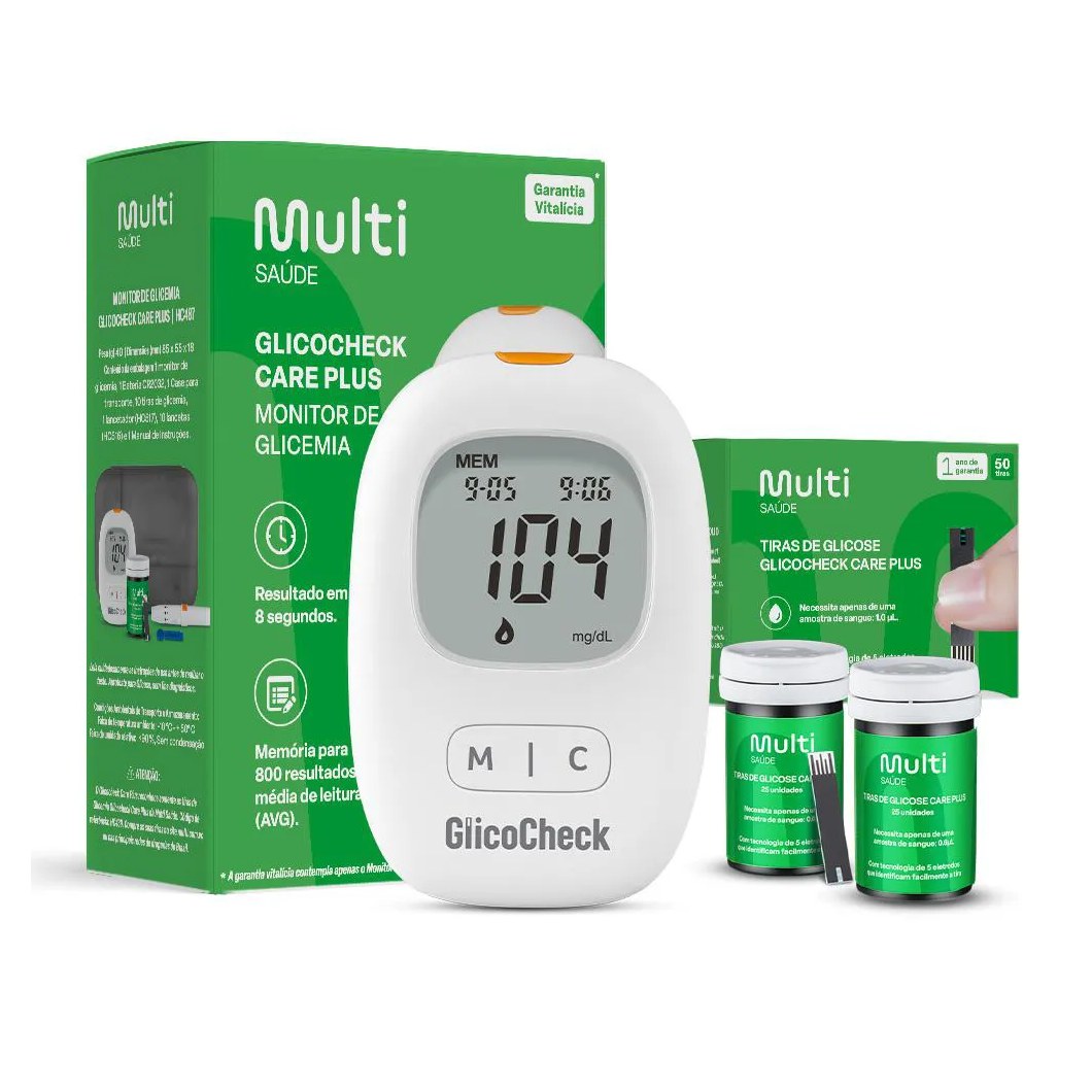 Kit Tiras de Glicemia HC489 50 Unidades + Monitor de Glicemia Glicocheck Care Plus HC487