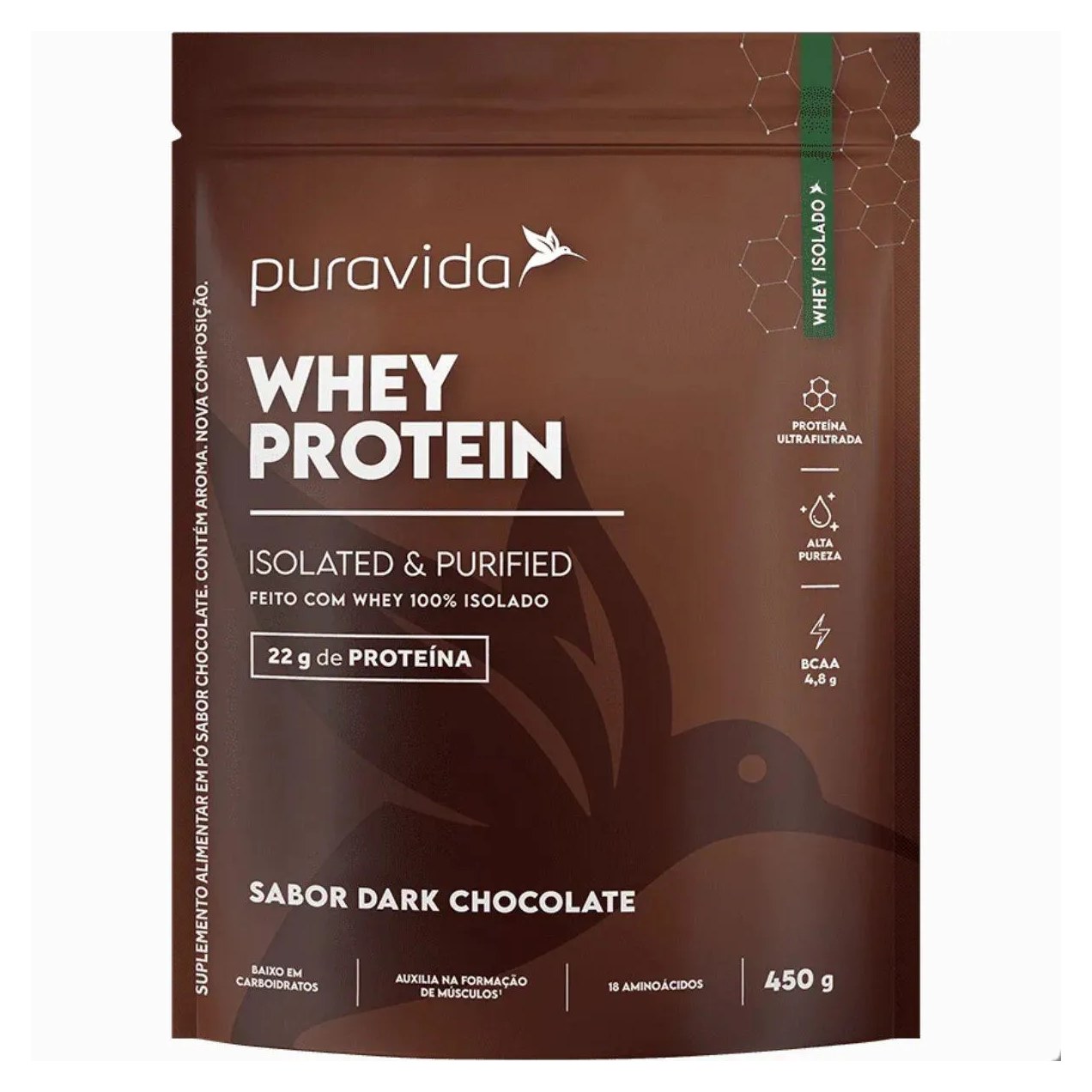 Whey Protein 100% Isolate e Purified 450G Pura Vida Dark Chocolate