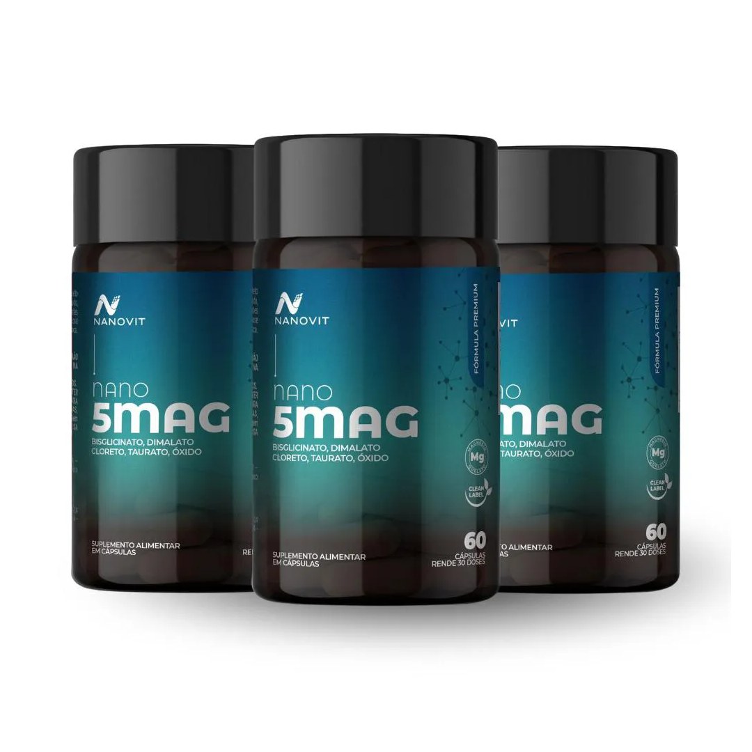 Kit 3 Magnésio 5 em 1 – Dimalato, Bisglicinato, Cloreto, Taurato e Óxido, 60 Cáps Nanovit Nano 5Mag