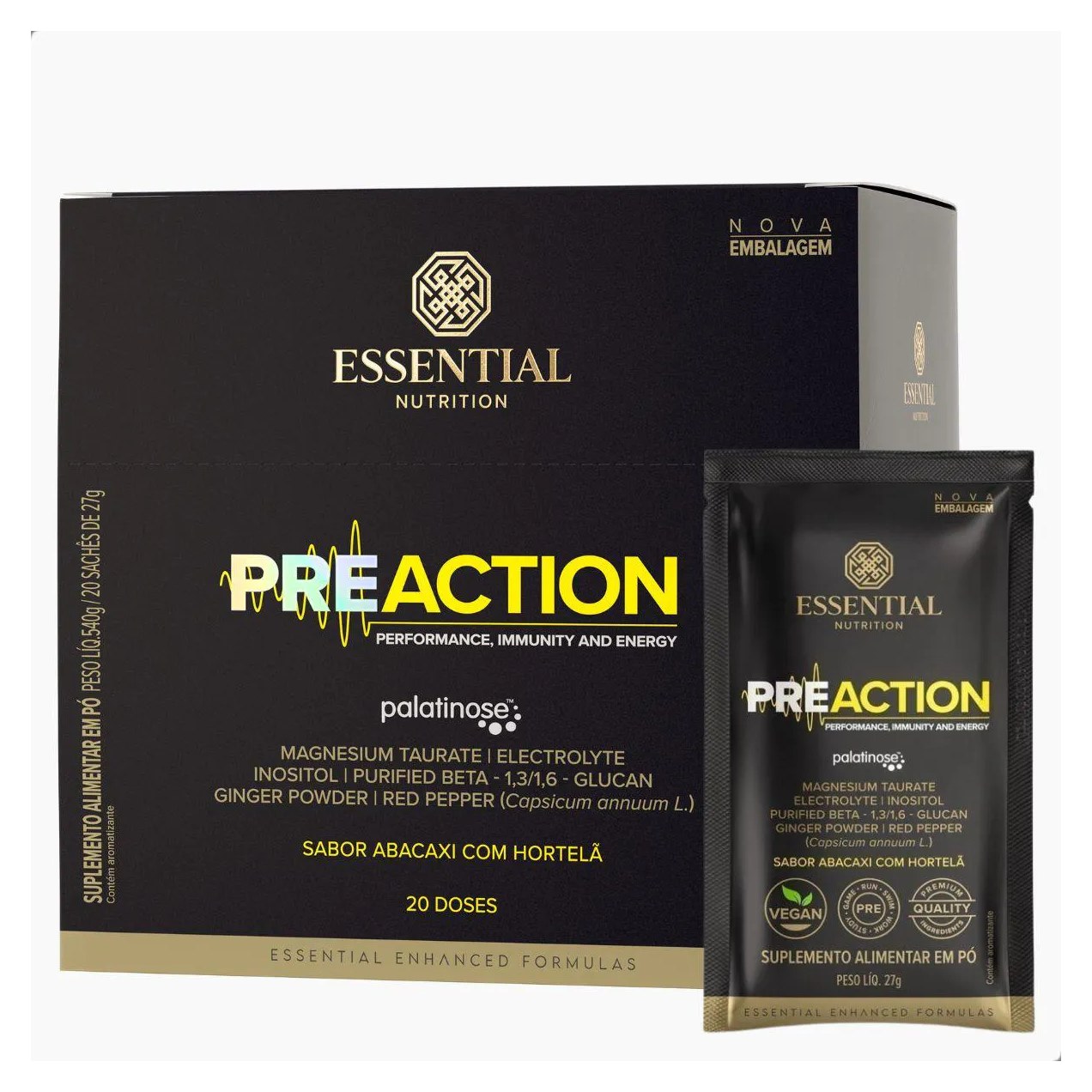 Pre-Action Energy Drink 27G (540G) 20 Unidades Essential Abacaxi COM Hortelã