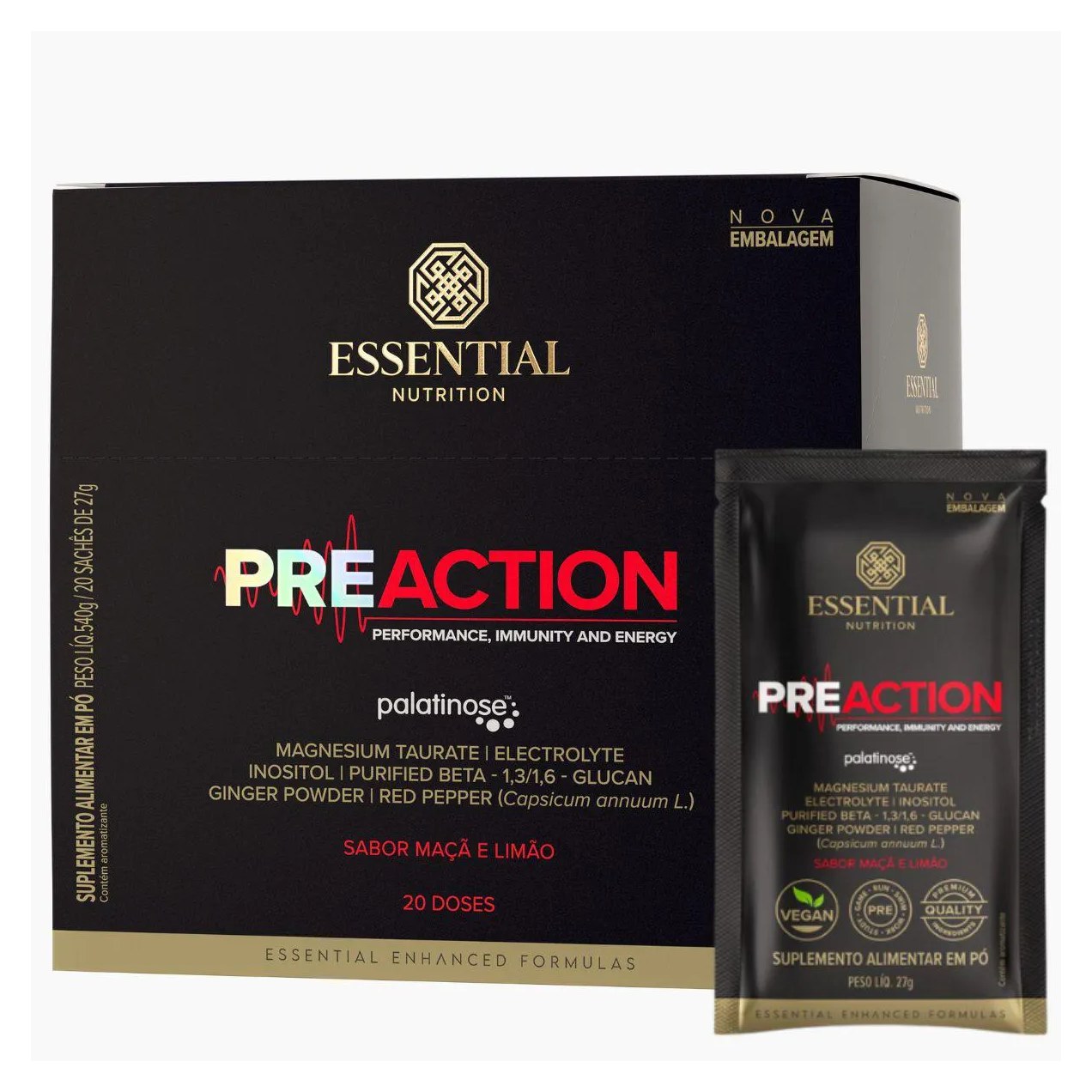Pre-Action Energy Drink 27G (540G) 20 Unidades Essential Maçã