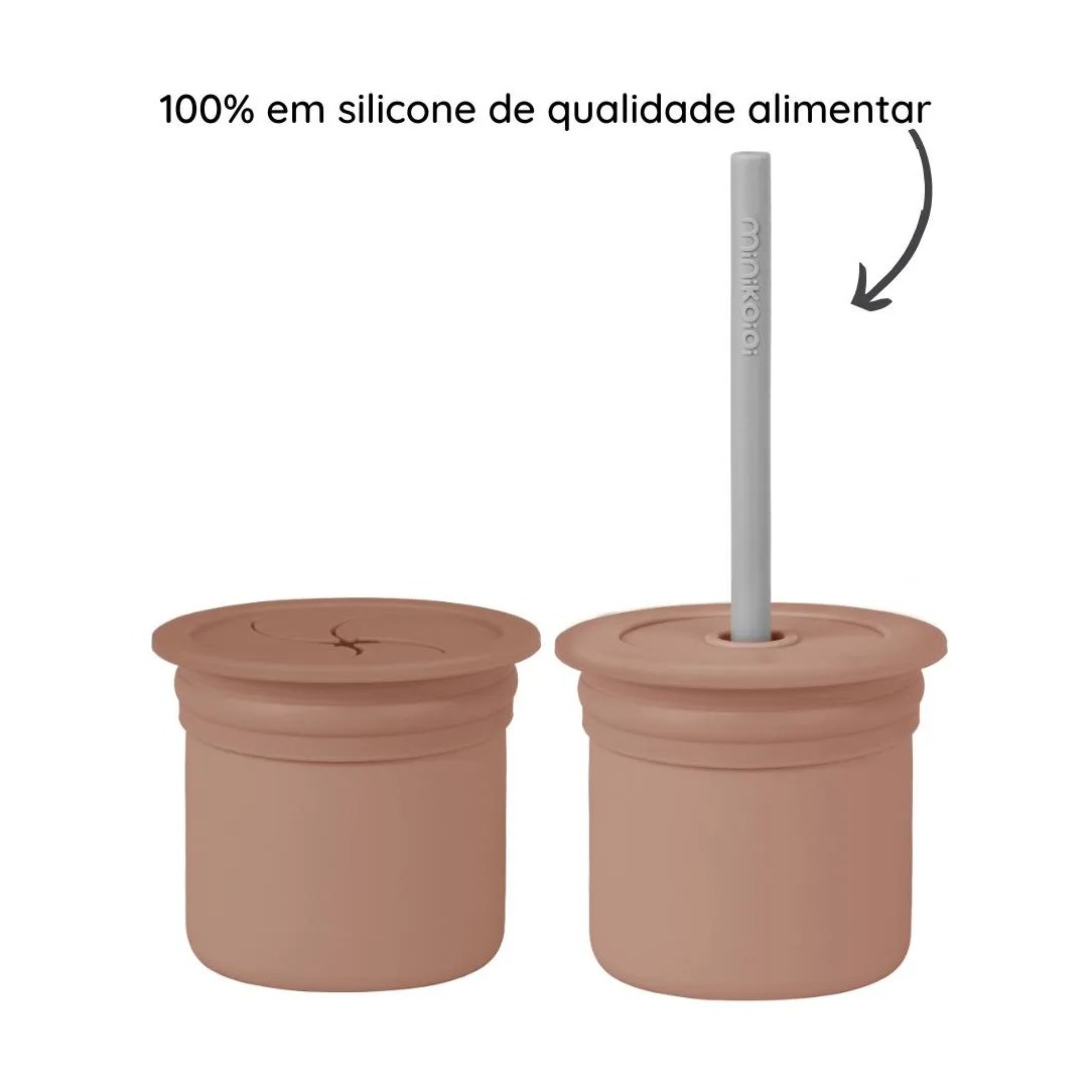 Conjunto Copo com Canudo + Tampa Snack Brown e Grey - Minikoioi