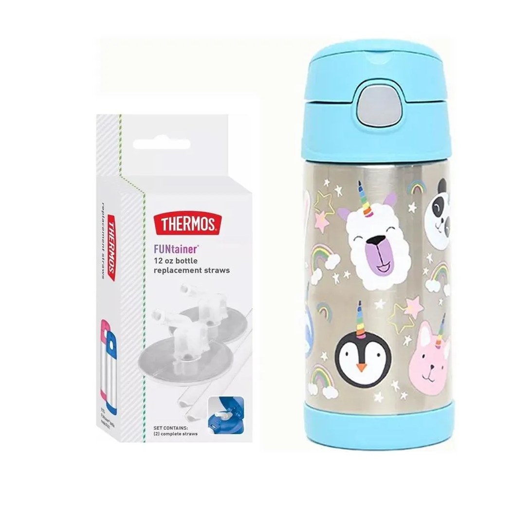Garrafinha Térmica Funtainer 355Ml + Canudos Refil Thermos Animais