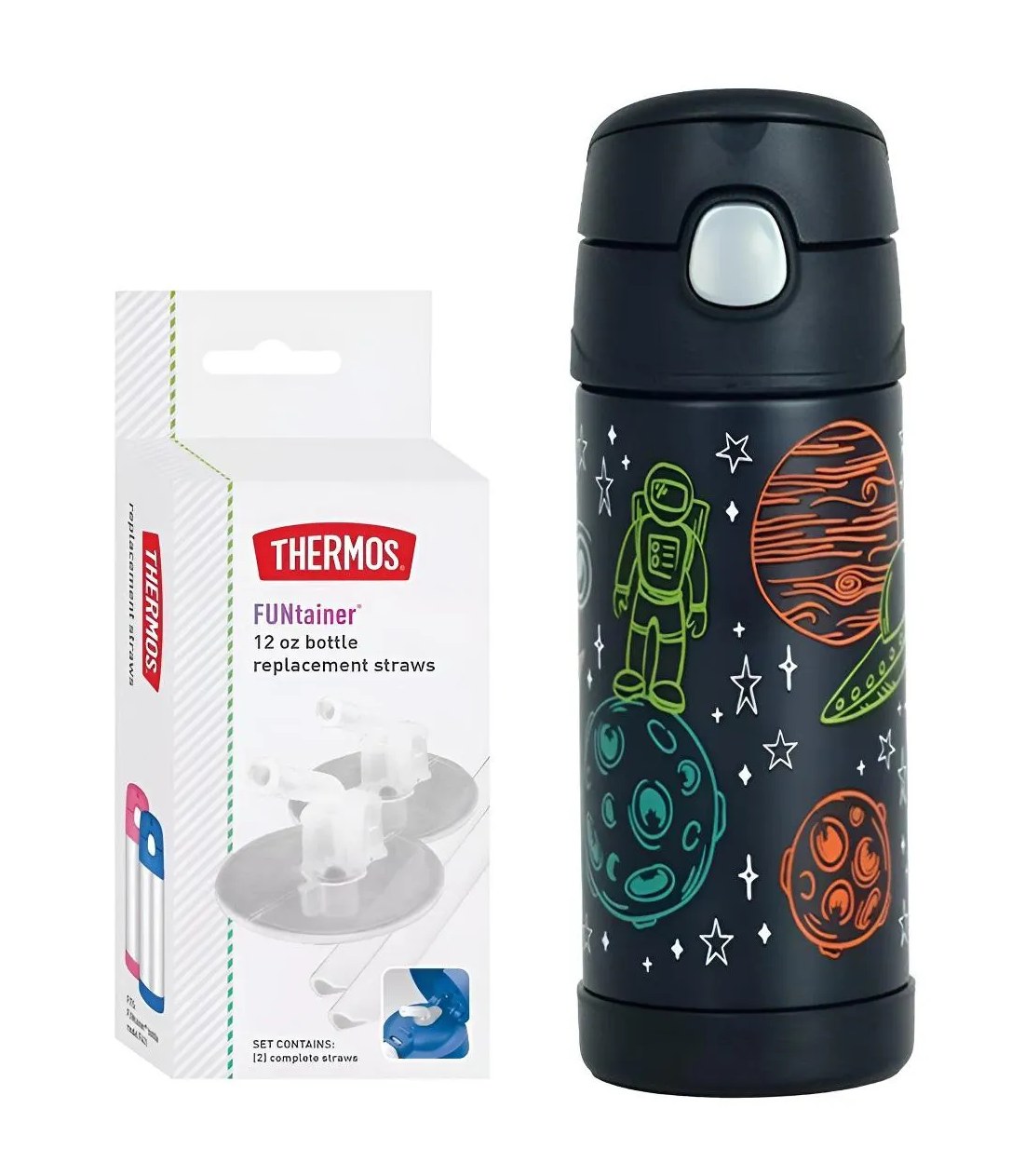 Garrafinha Térmica Funtainer 355Ml + Canudos Refil Thermos Espaço