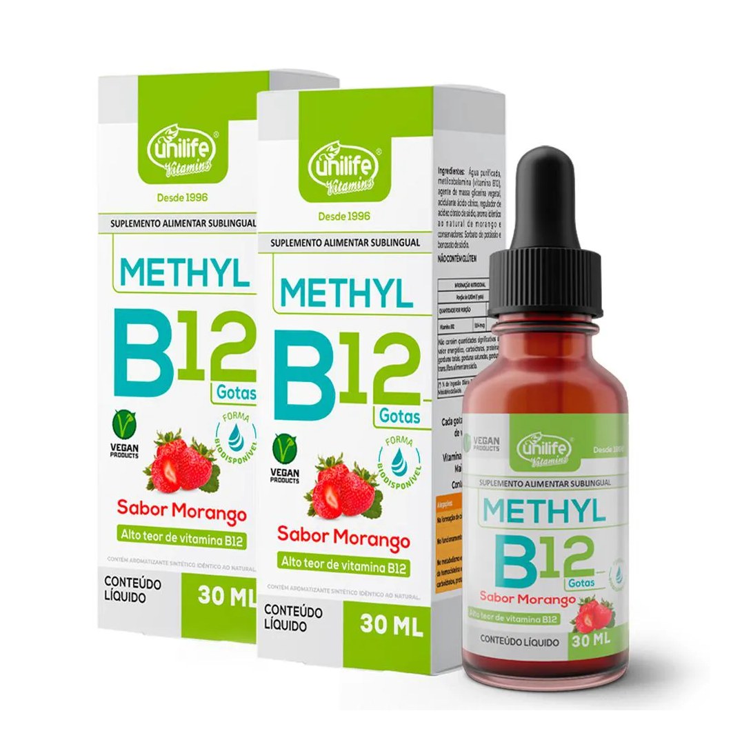 Kit 2 Vitamina B12 Methyl em Gotas Unilife Sabor Morango 30 Ml