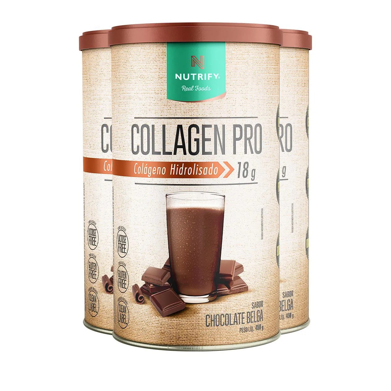 Kit 3 Collagen Pro Colágeno Hidrolisado Chocolate Belga Nutrify 450G