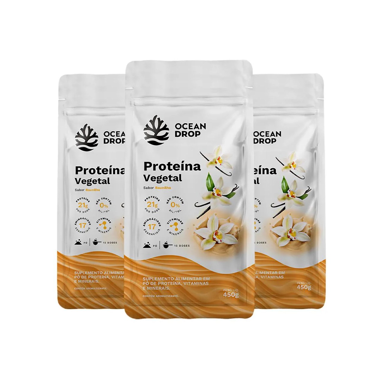 Kit 3 Proteína Vegetal Ocean Drop 450G Sabor Baunilha