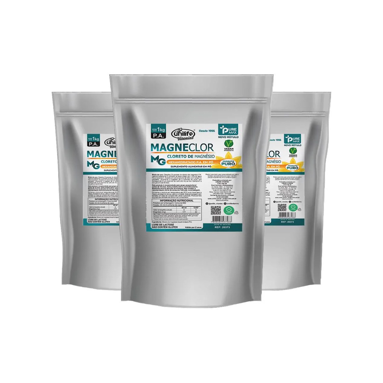Kit 3 Magneclor Cloreto de Magnésio P.a Unilife 1Kg