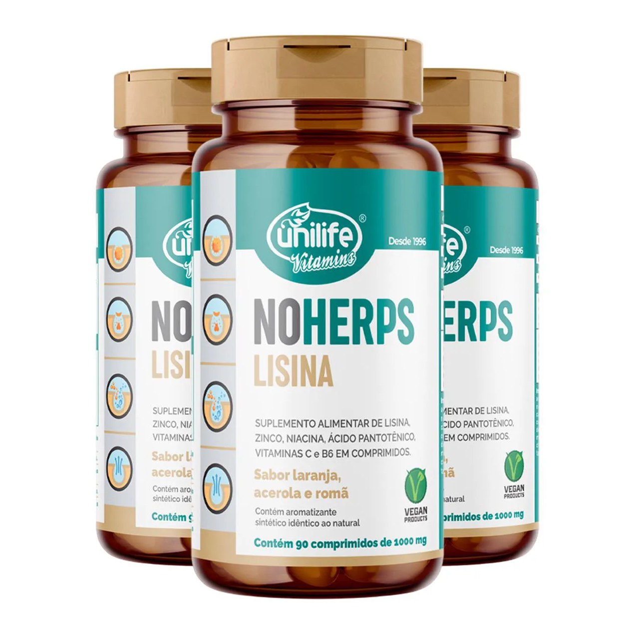 Kit 3 Noherps Lisina 1000Mg Unilife 90 Comprimidos Laranja e Acerola