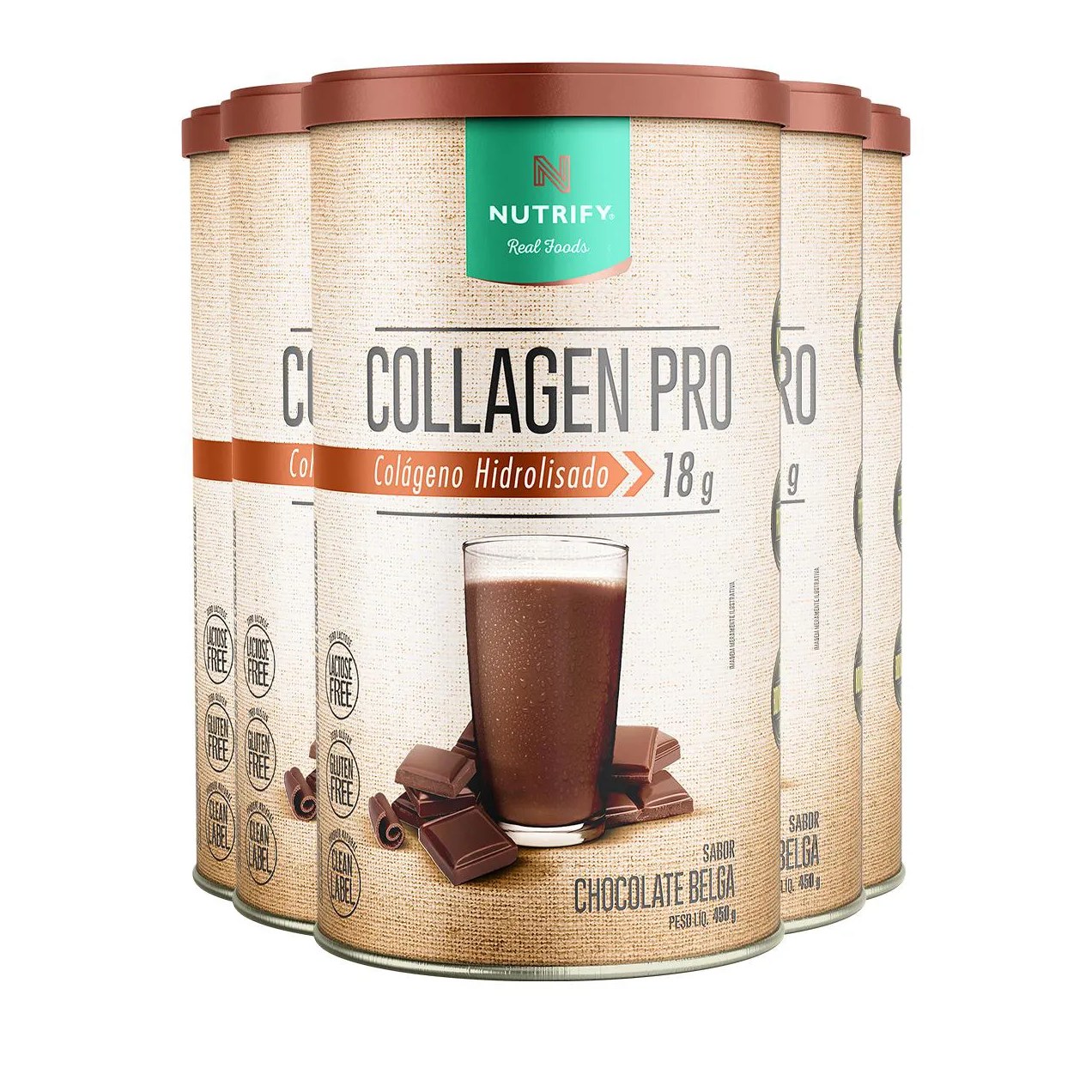 Kit 5 Collagen Pro Colágeno Hidrolisado Chocolate Belga Nutrify 450G