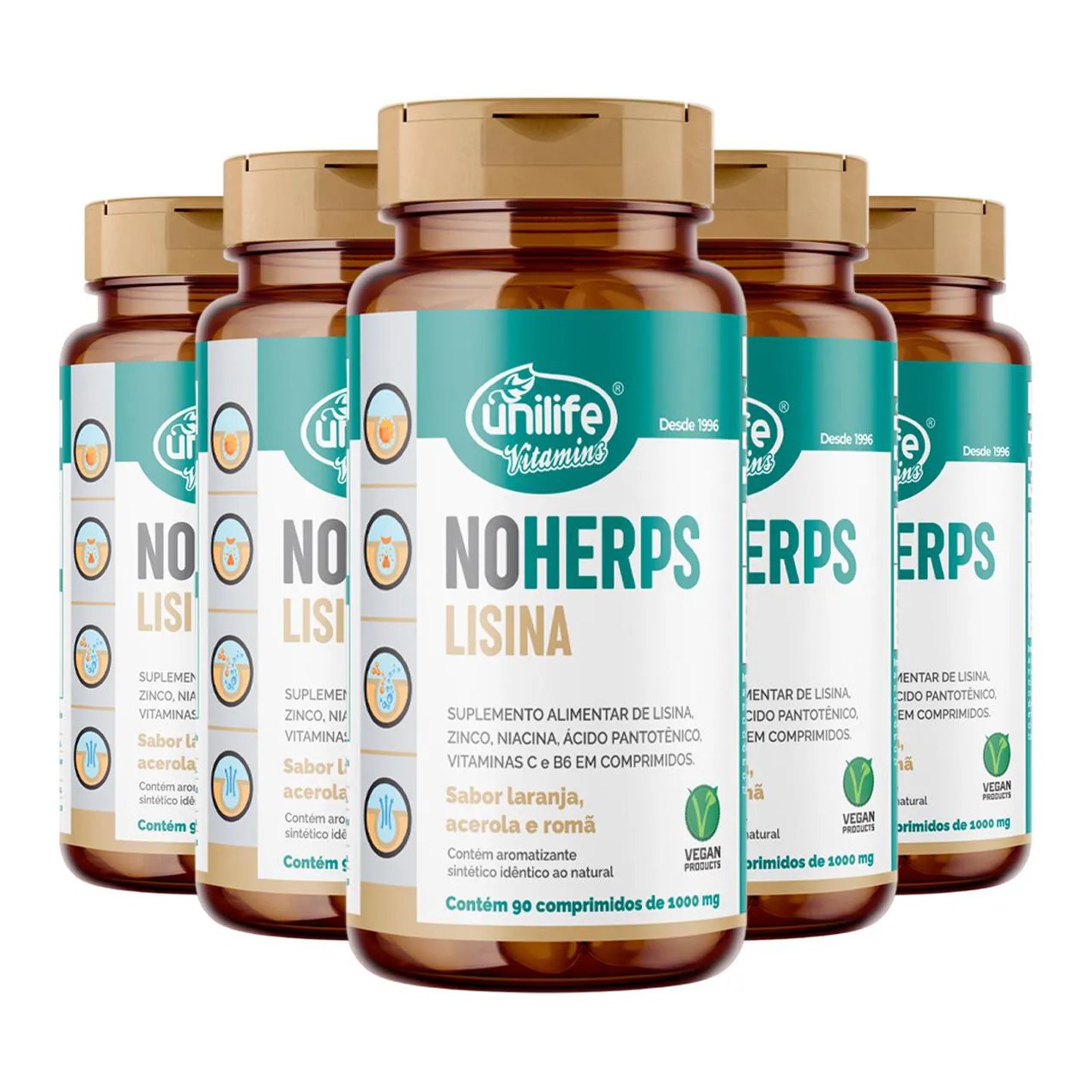 Kit 5 Noherps Lisina 1000Mg Unilife 90 Comprimidos Laranja e Acerola