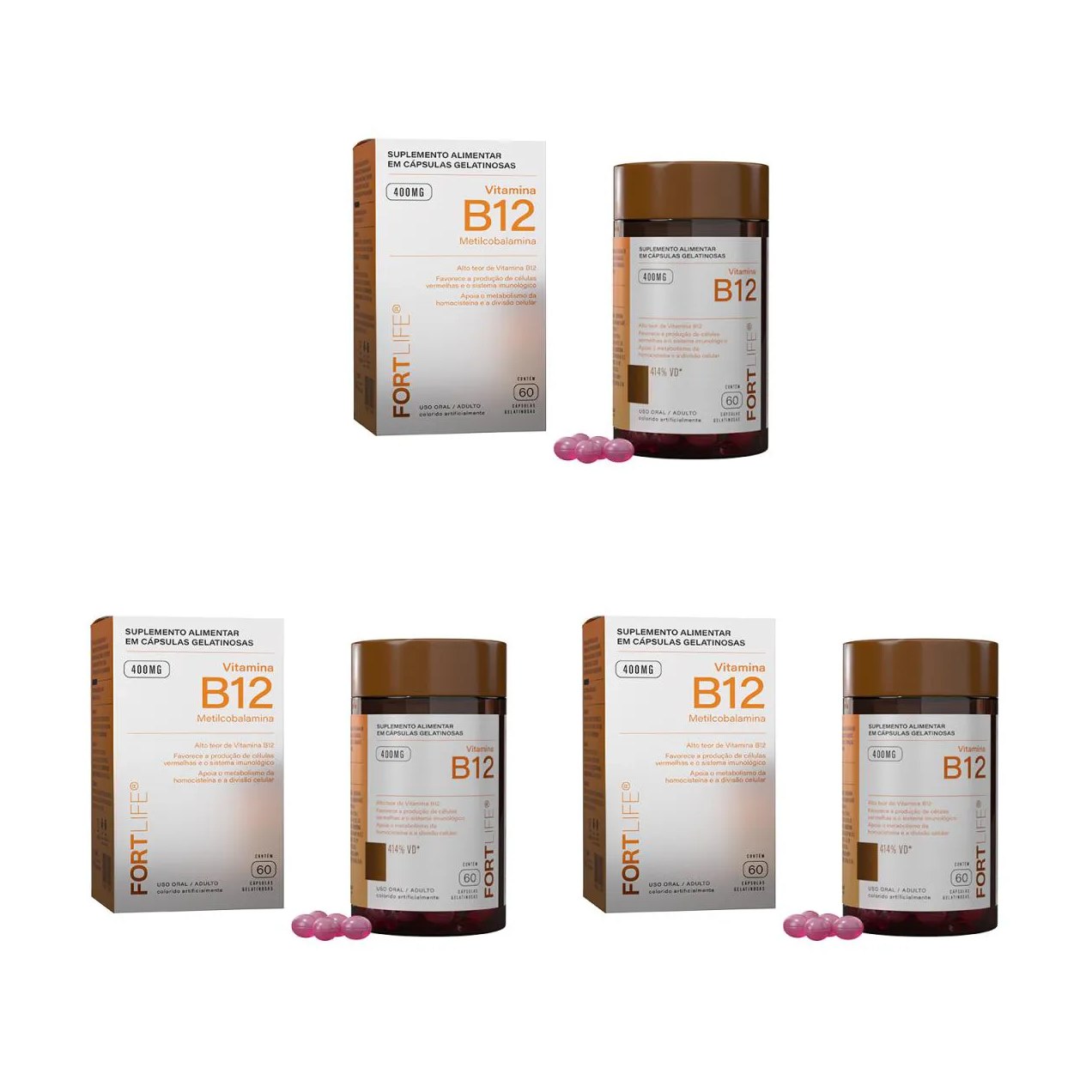 Kit 3 Vitamina B12 400Mg 60 Cápsulas Gelatinosa Fortlife