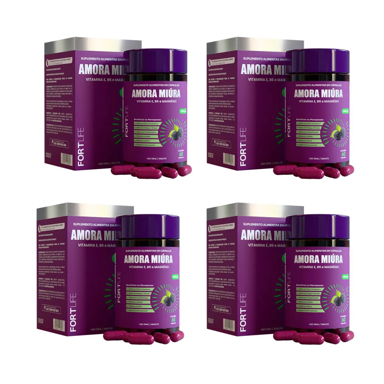 Kit 4 Amora Miúra 1000Mg Fortlife 60 Cápsulas