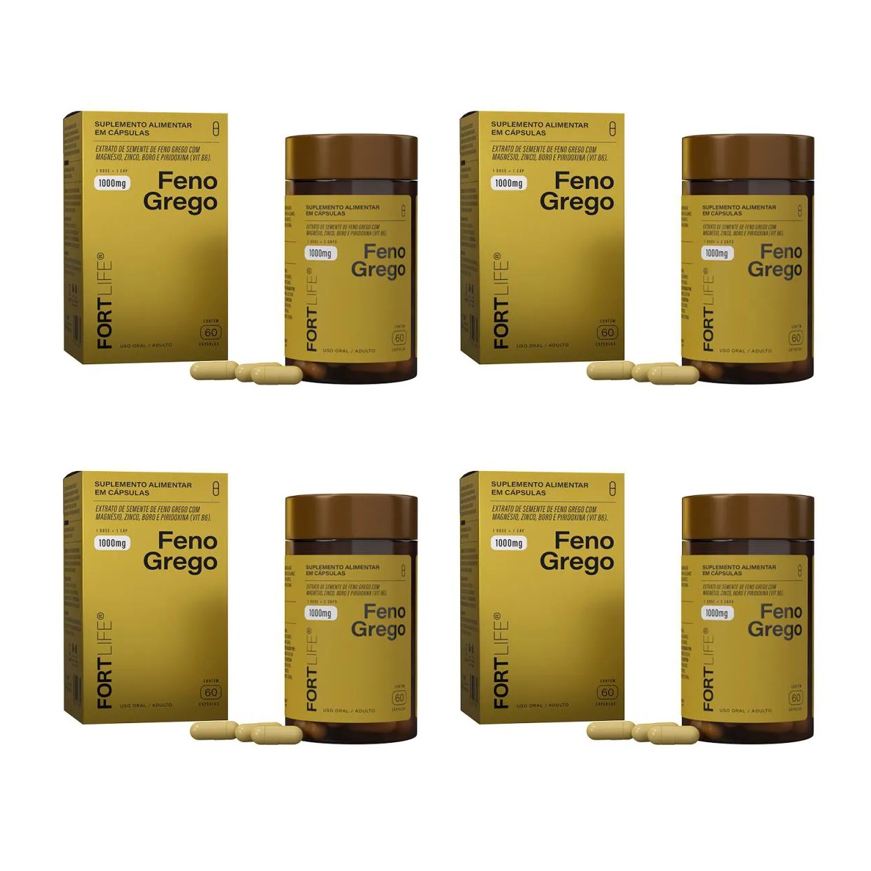 Kit 4 Und Feno Grego 1000Mg 60 Cápsulas Fortlife