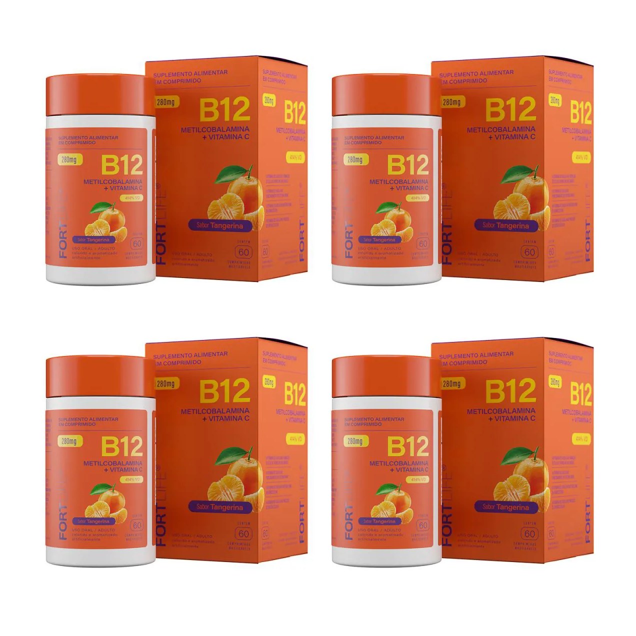Kit 4 Vitamina B12 Tangerina 280Mg 60 Comprimidos Mastigáveis