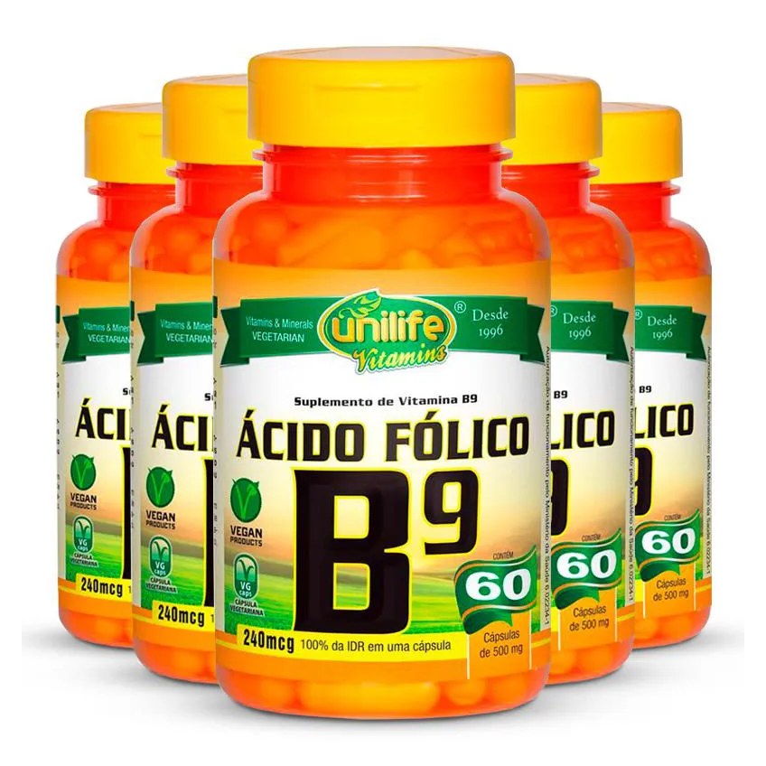 Kit 5 Vitamina B9 Ácido Fólico 60 Cápsulas Unilife