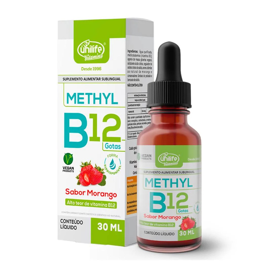 Vitamina B12 Methyl em Gotas Unilife Sabor Morango 30 Ml