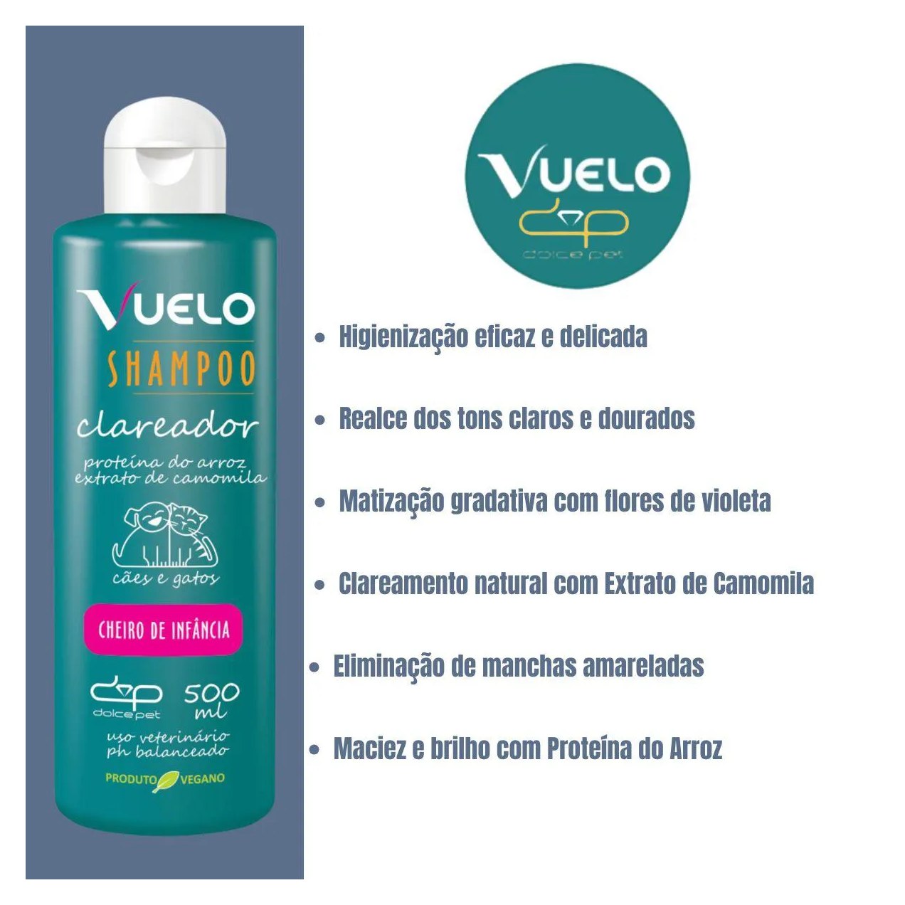 Shampoo Clareador Cheiro de Infância Vuelo Dolce Pet Cães e Gatos - 500 Ml