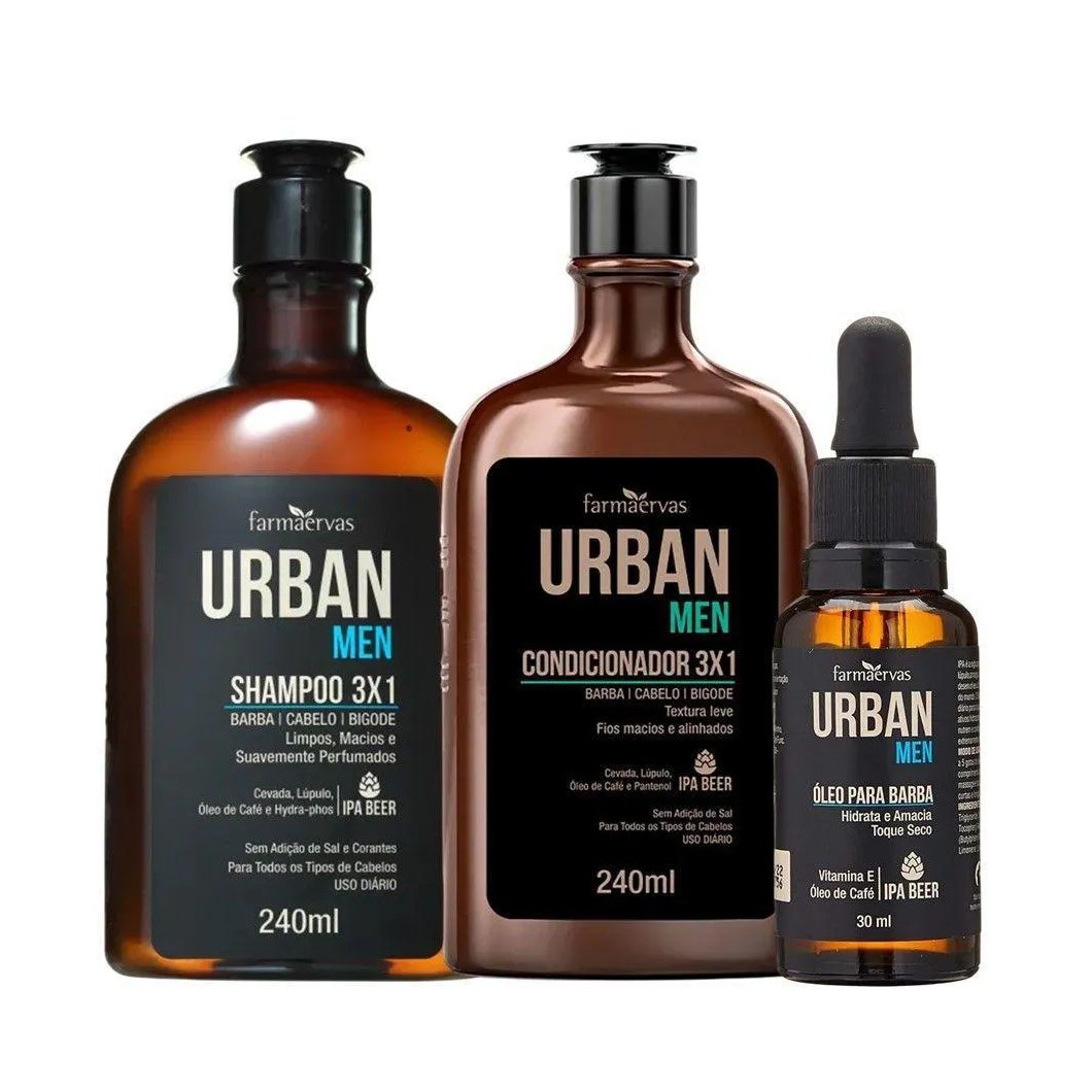 Kit Shampoo Condicionador 3 em 1 e Óleo para Barba Bigode Cabelo Ipa Beer Urban Men