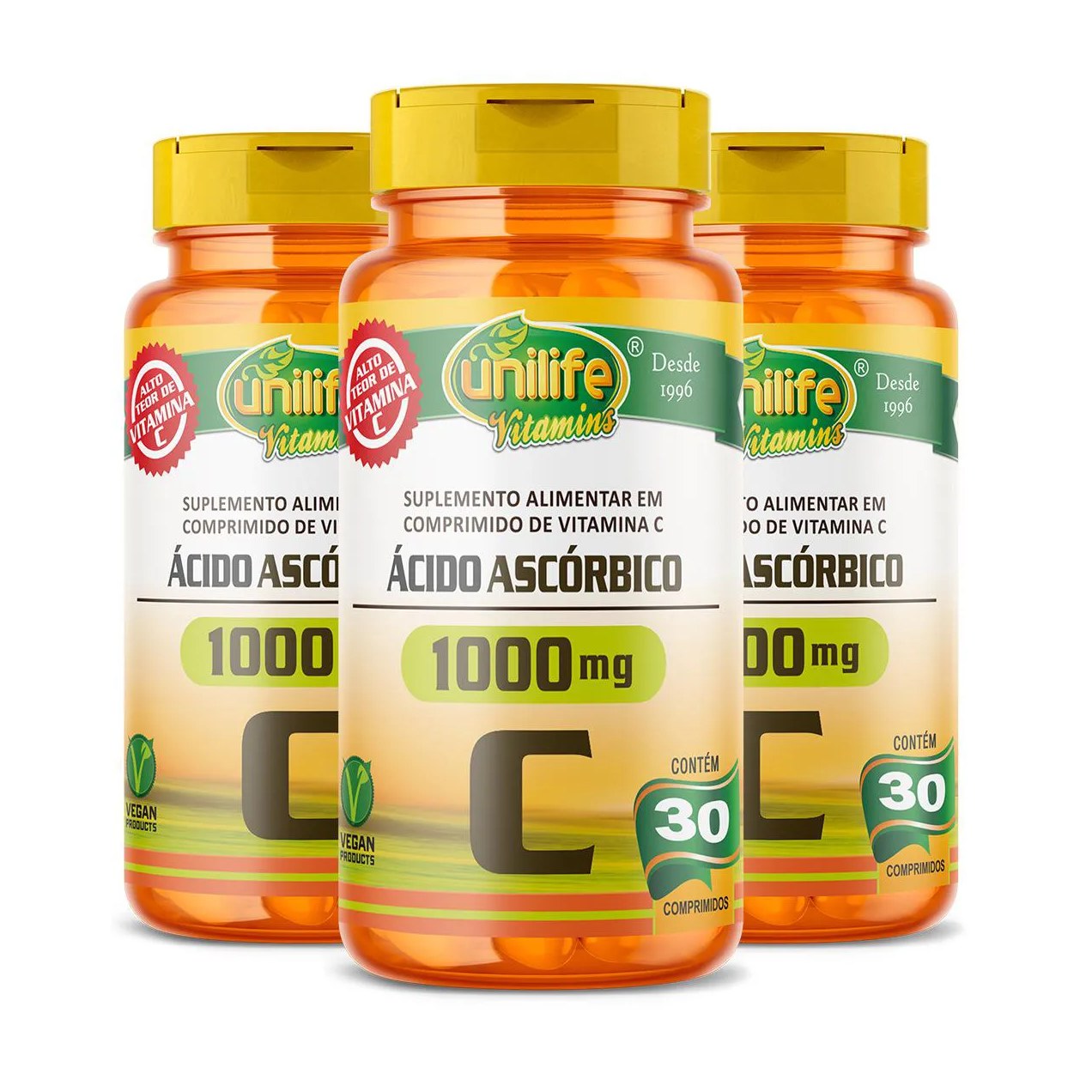 Kit 3 Ácido Ascórbico Vitamina C Unilife 30 Comprimidos