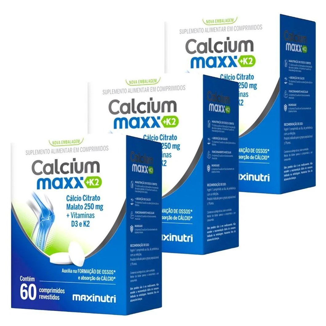 Kit 3X Calcium Maxx K2 ( Cálcio Citrato Malato + Vitaminas D3 e K2) 60 Comprimidos - Maxinutri