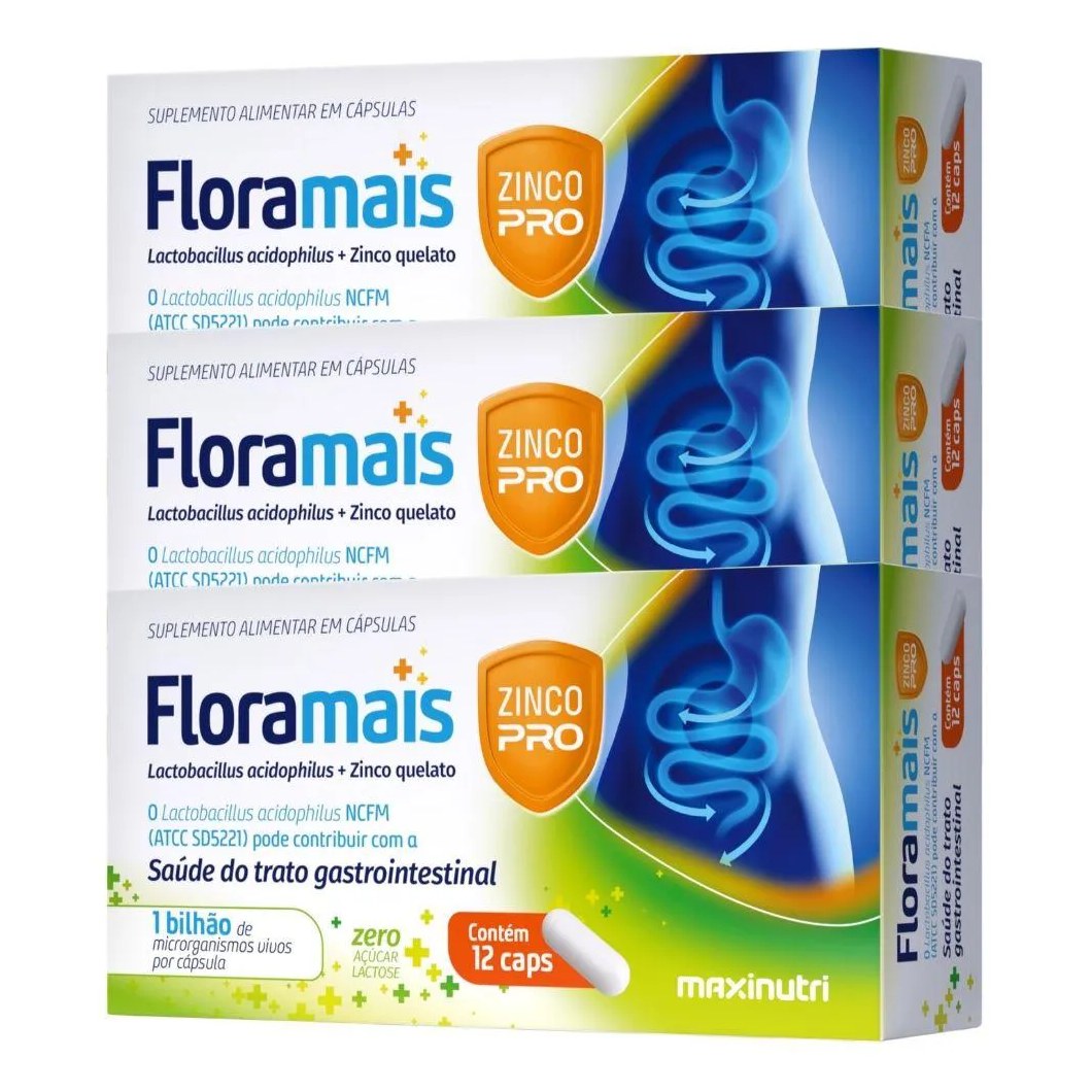 Kit 3X Floramais + Zinco Probiotico Lactobacillus 12 Cápsulas - Maxinutri