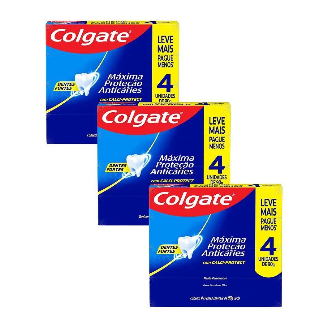 Kit 3 Pack Creme Dental Colgate Máxima Proteção Anticáries 90G 4Un Cada