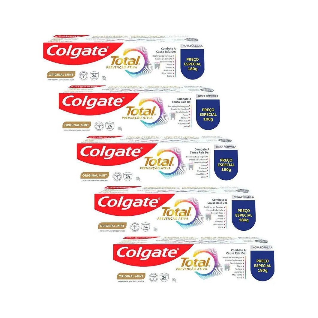 Kit 5 Cremes Dentais Colgate Total Mint Prevenção Ativa 180G