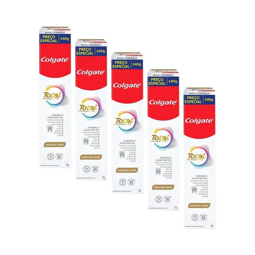 Kit 5 Cremes Dentais Colgate Total Mint Prevenção Ativa 140G