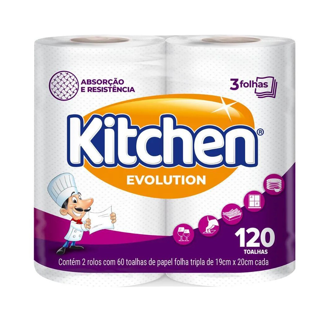 Papel Toalha Kitchen Evolut Folha Tripla 120 Folhas 2 Unidades