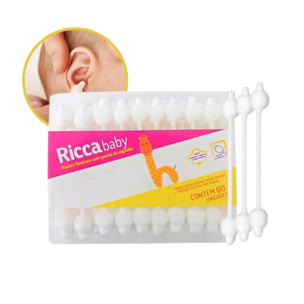 Hastes Flexíveis em Algodão Infantil Bebê Ricca Baby 60 Unidades