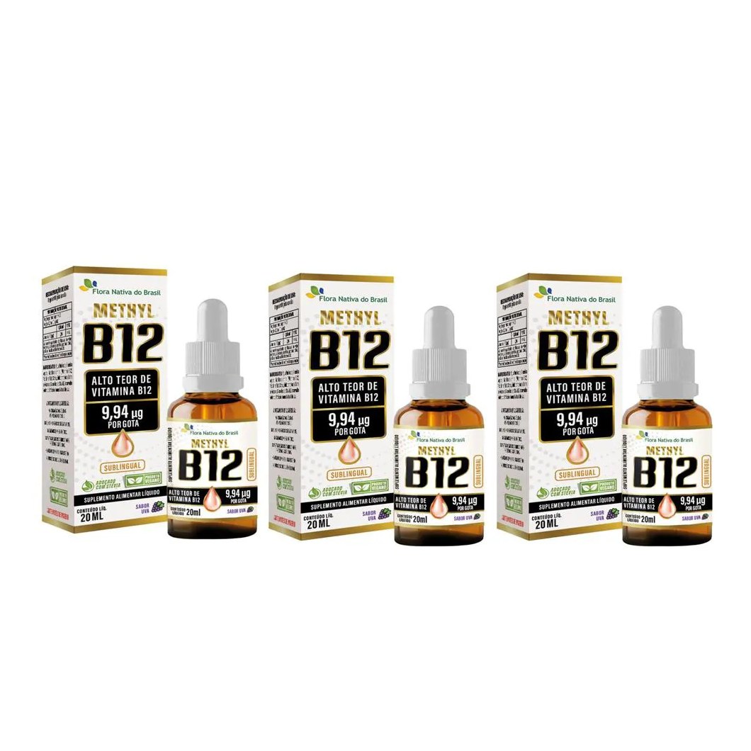 Kit C/ 3 Vitamina B12 Uva 20Ml - Metilcobalamina 9,94 Mcg Por Gota - Flora Nativa