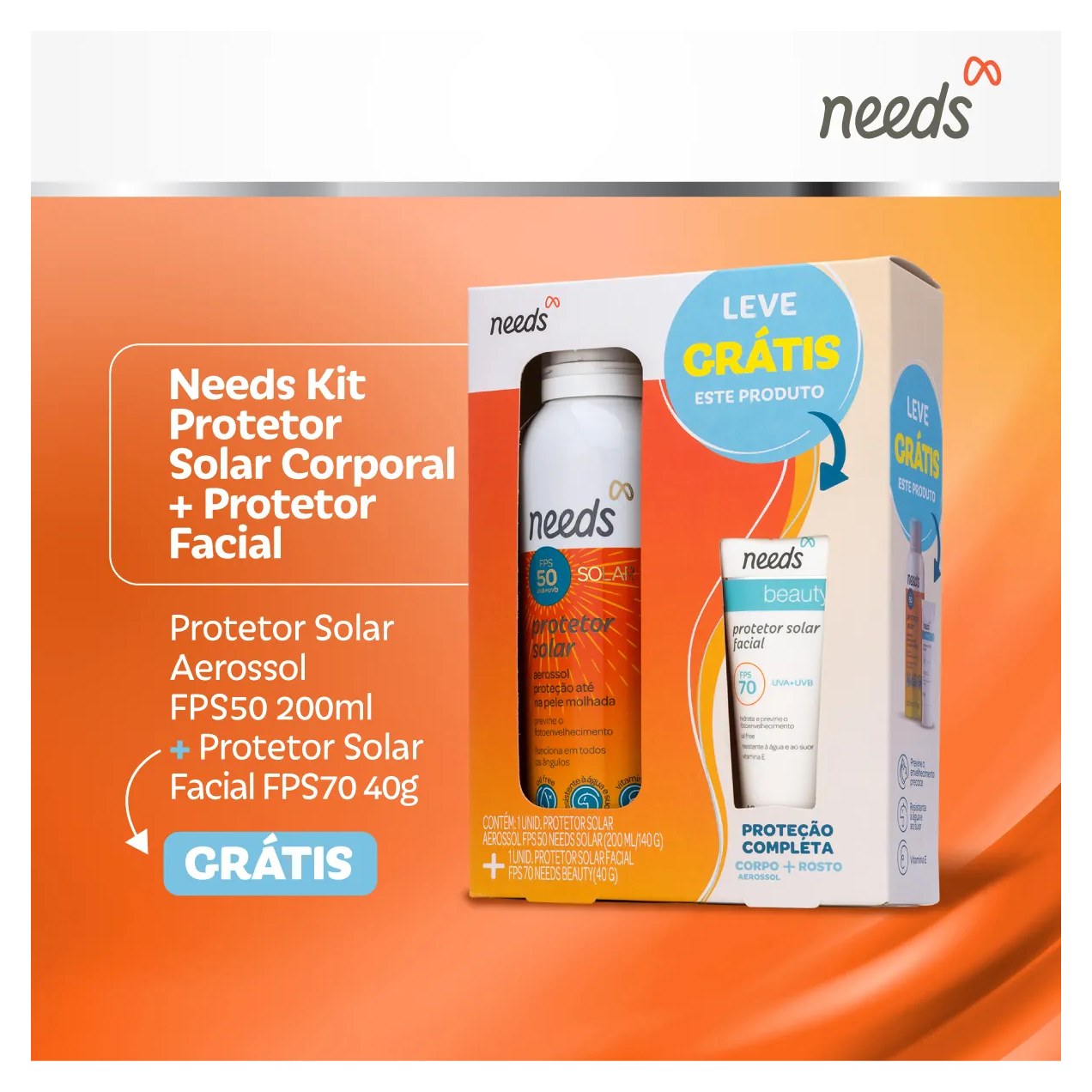 Kit Protetor Solar Needs Facial FPS 70 40g + Corporal FPS 50 Aerossol 200ml
