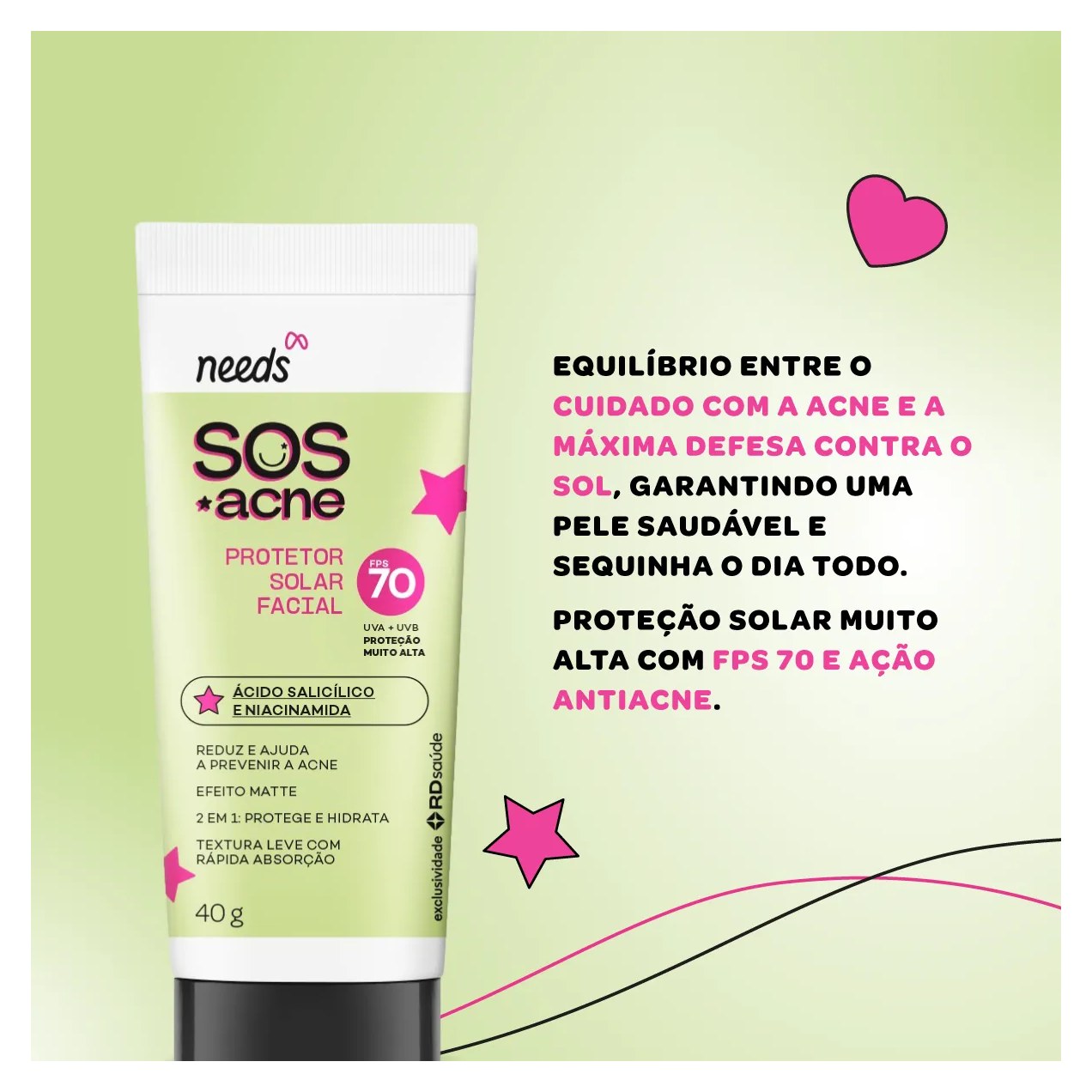 Protetor Solar Facial Needs SOS Acne FPS 70 40g